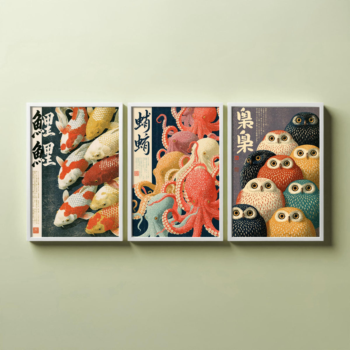 Koi, Octopus and Owl Set of Three Art Prints - Japanese Animal Crowd Posters with Kanji Calligraphy - Showa Style Illustrations V1