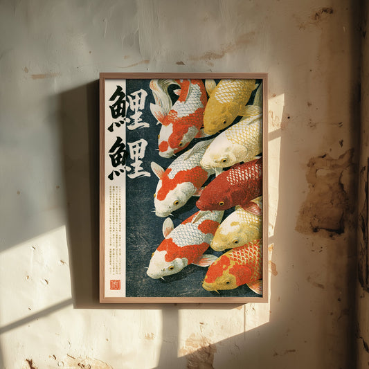 Koi Carp Crowd Japanese Art Print - Brush Kanji Calligraphy Poster - Showa Era Style Illustration - Nishikigoi Fish Shoal