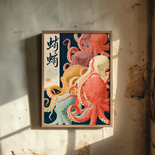 Octopus Crowd Japanese Art Print - Brush Kanji Calligraphy Poster - Showa Era Style Illustration - Tako Tentacles on Navy