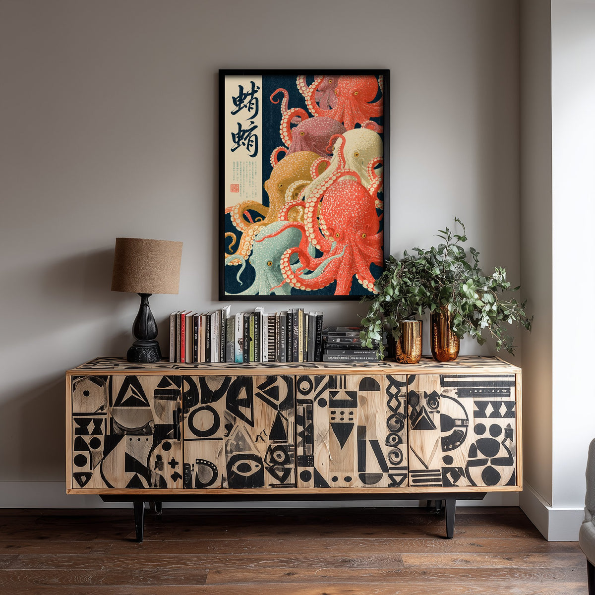 Octopus Crowd Japanese Art Print - Brush Kanji Calligraphy Poster - Showa Era Style Illustration - Tako Tentacles on Navy