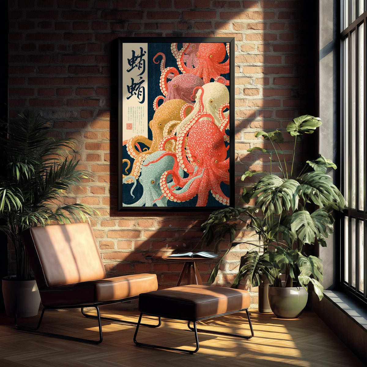 Octopus Crowd Japanese Art Print - Brush Kanji Calligraphy Poster - Showa Era Style Illustration - Tako Tentacles on Navy