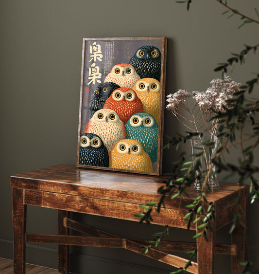 Owl Crowd Japanese Art Print - Brush Kanji Calligraphy Poster - Showa Era Style Illustration - Fukuro Owls in Rust, Mustard, Teal