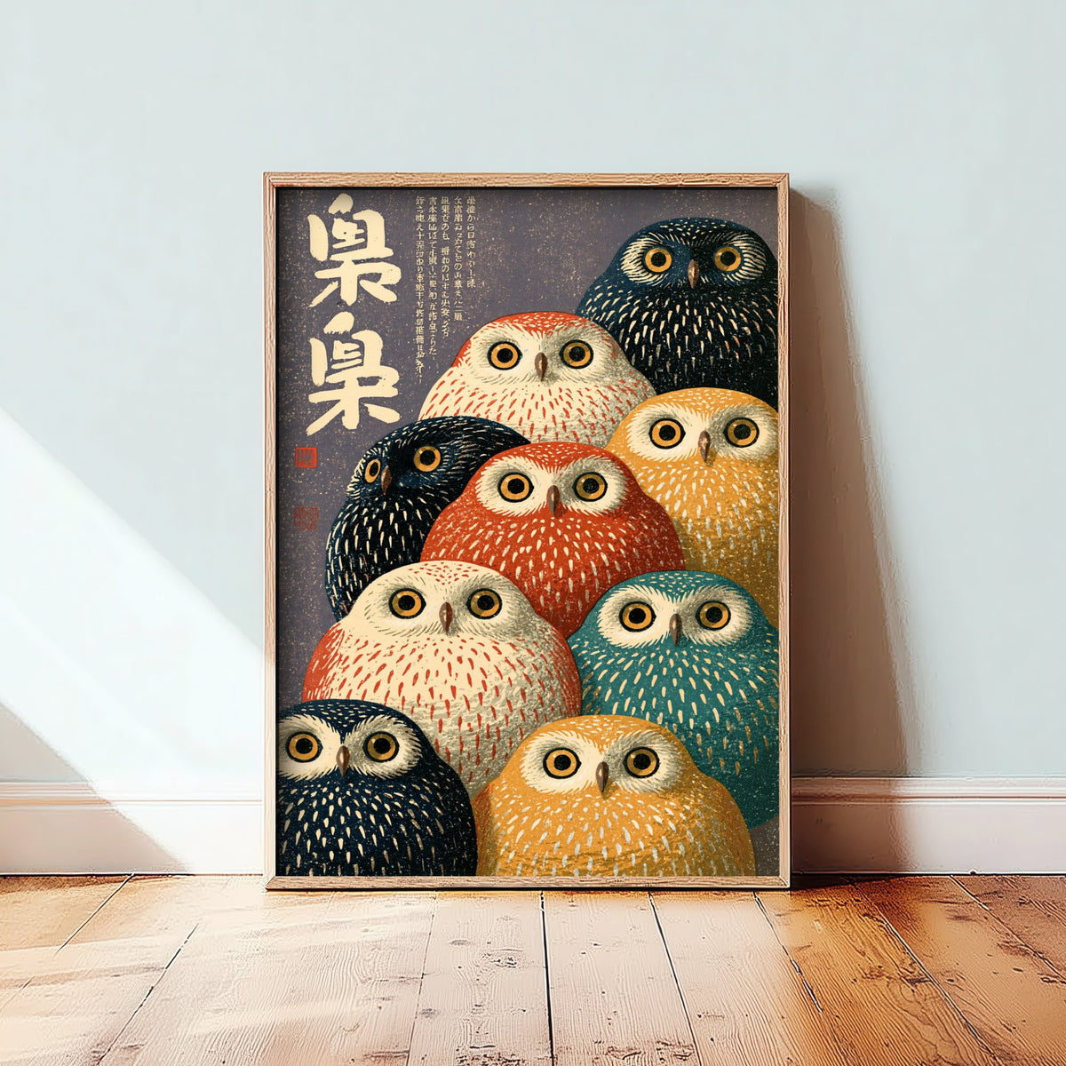 Owl Crowd Japanese Art Print - Brush Kanji Calligraphy Poster - Showa Era Style Illustration - Fukuro Owls in Rust, Mustard, Teal