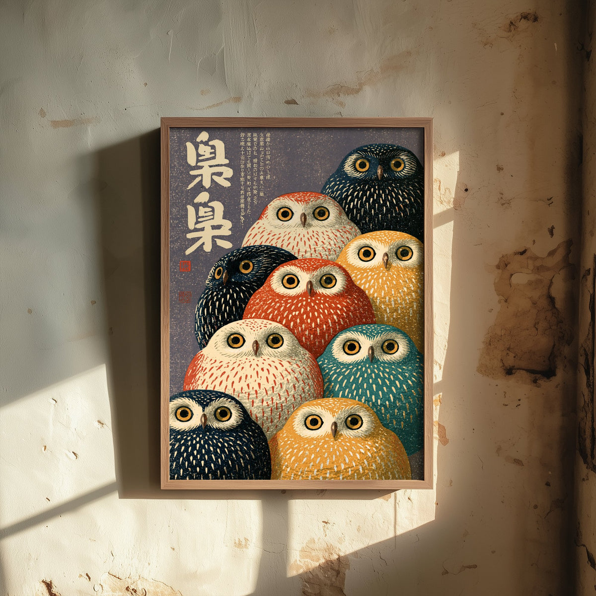 Owl Crowd Japanese Art Print - Brush Kanji Calligraphy Poster - Showa Era Style Illustration - Fukuro Owls in Rust, Mustard, Teal