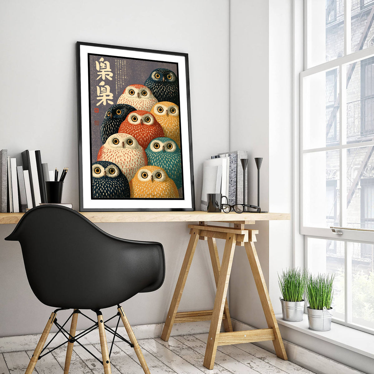 Owl Crowd Japanese Art Print - Brush Kanji Calligraphy Poster - Showa Era Style Illustration - Fukuro Owls in Rust, Mustard, Teal