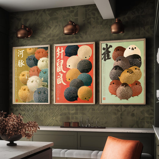 Pufferfish, Hedgehog and Sparrow Set of Three Art Prints - Japanese Animal Crowd Posters, Brush Kanji - Showa Style Illustrations V2