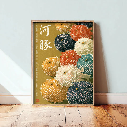 Pufferfish Crowd Japanese Art Print - Brush Kanji Calligraphy Poster - Showa Era Style Illustration - Fugu Fish on Olive Gold