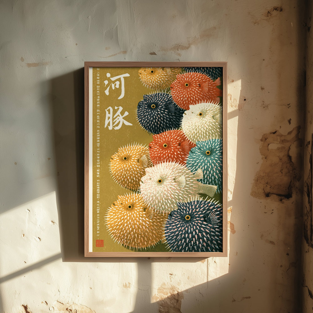 Pufferfish Crowd Japanese Art Print - Brush Kanji Calligraphy Poster - Showa Era Style Illustration - Fugu Fish on Olive Gold