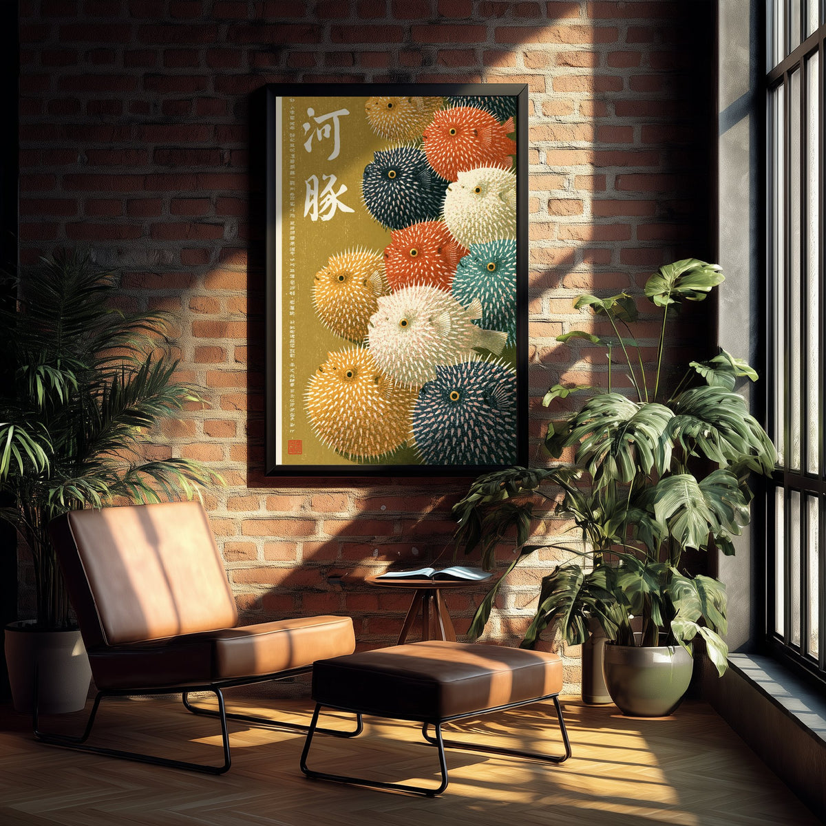 Pufferfish Crowd Japanese Art Print - Brush Kanji Calligraphy Poster - Showa Era Style Illustration - Fugu Fish on Olive Gold