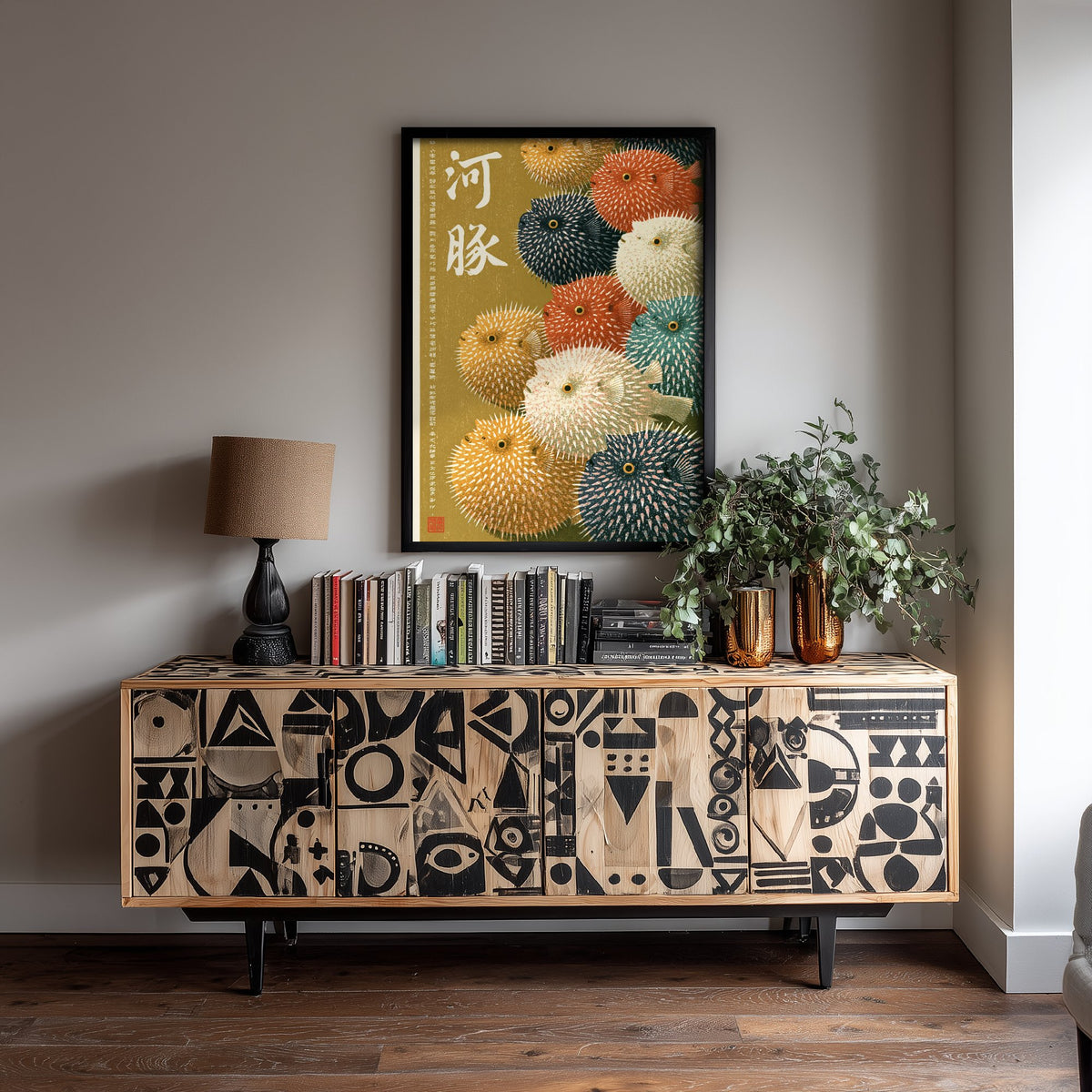 Pufferfish Crowd Japanese Art Print - Brush Kanji Calligraphy Poster - Showa Era Style Illustration - Fugu Fish on Olive Gold
