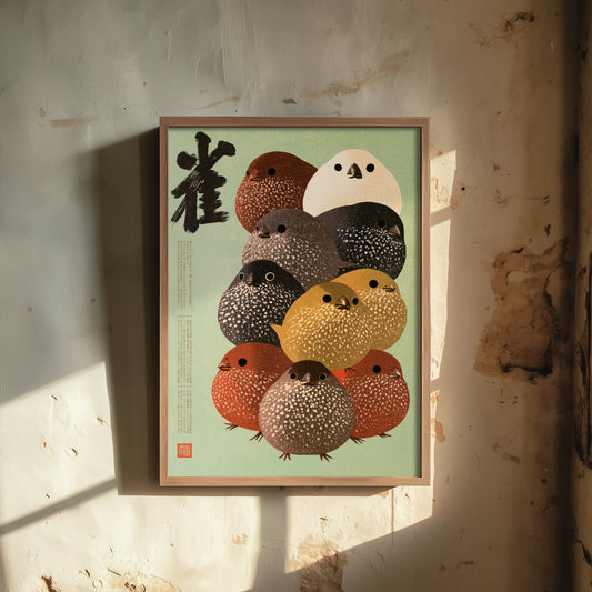 Sparrow Crowd Japanese Art Print - Brush Kanji Calligraphy Poster - Showa Era Style Illustration - Suzume Birds on Pale Green