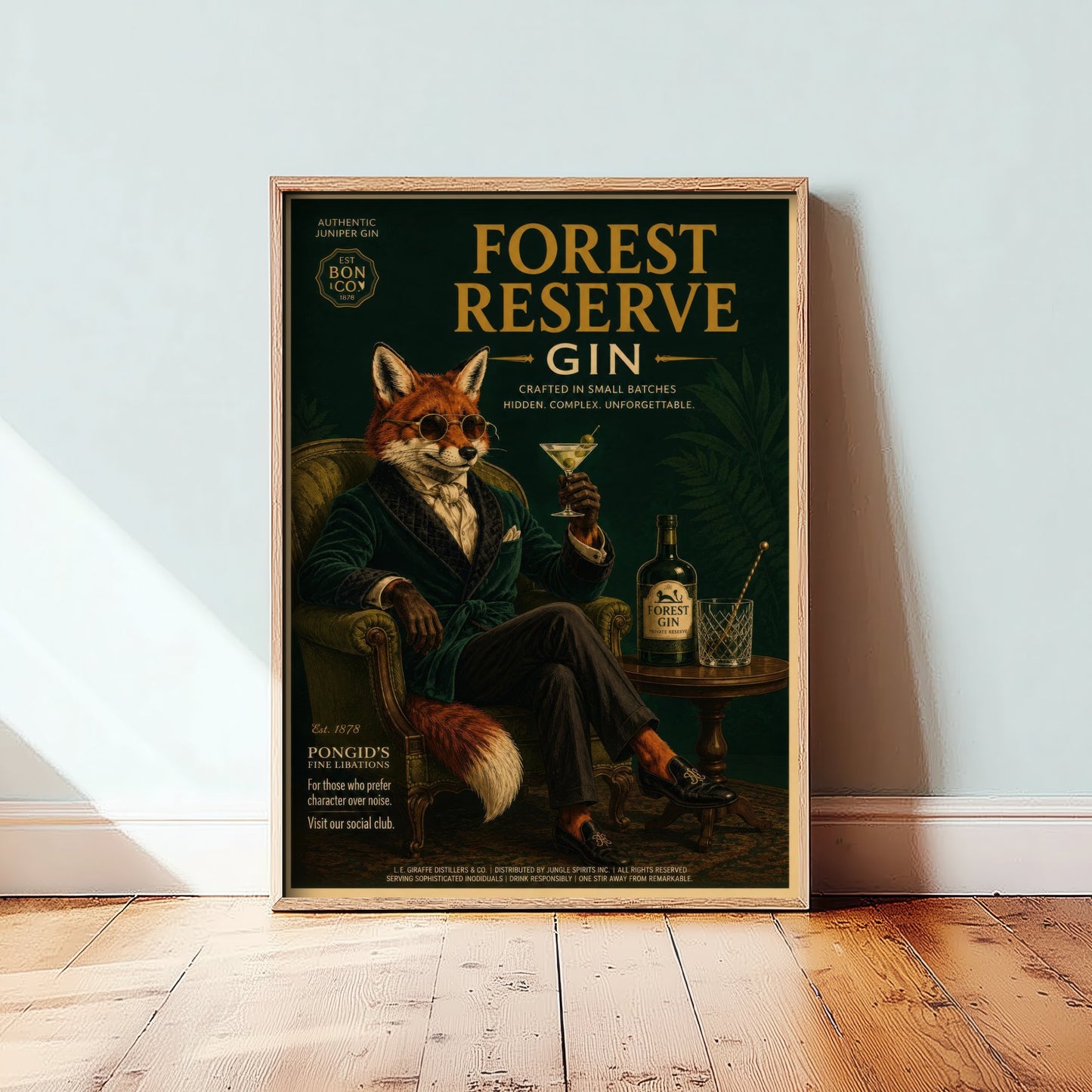 Fox Gin Advert Art Print - Vintage Forest Reserve Gin Poster - Home Bar Illustration 1/3