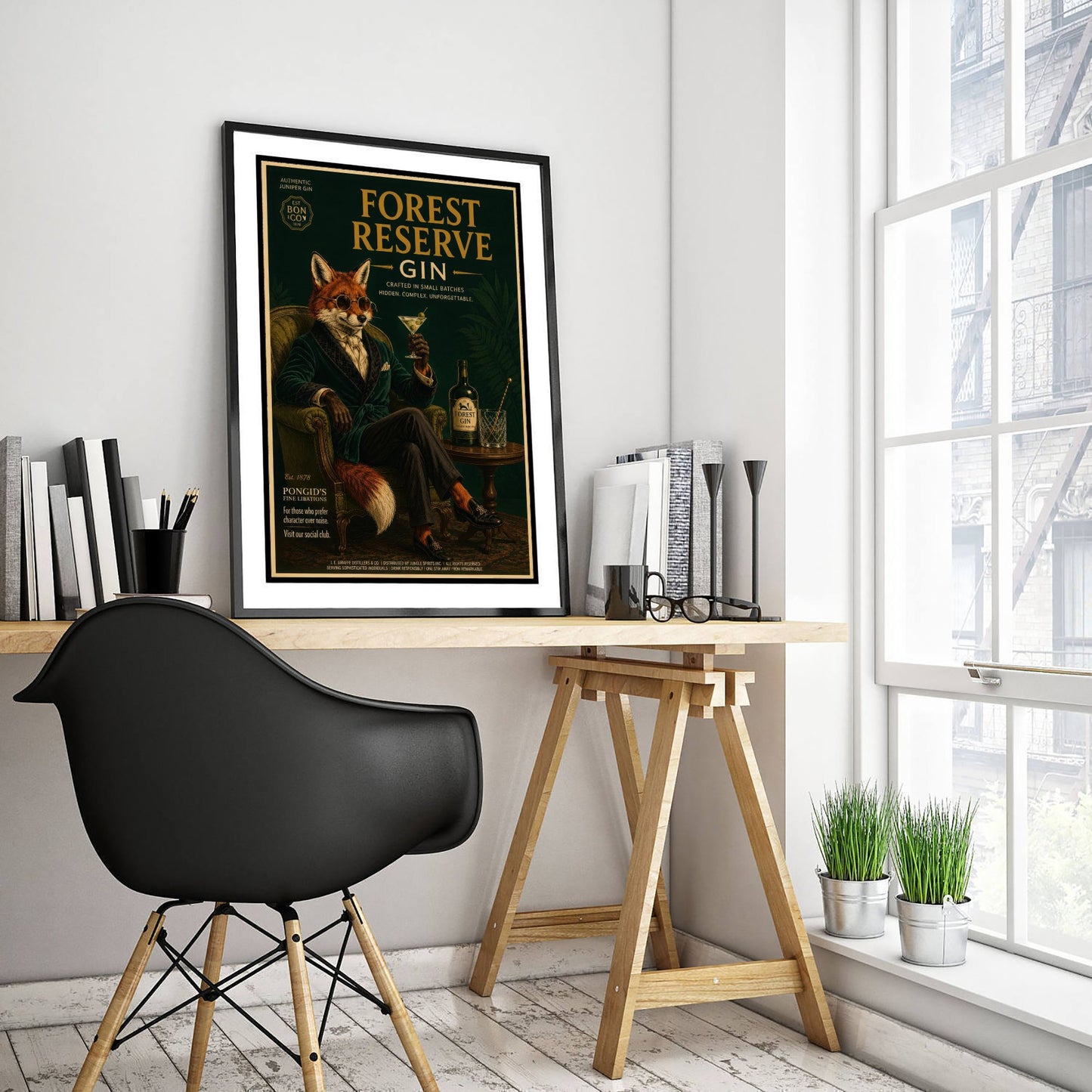 Fox Gin Advert Art Print - Vintage Forest Reserve Gin Poster - Home Bar Illustration 1/3