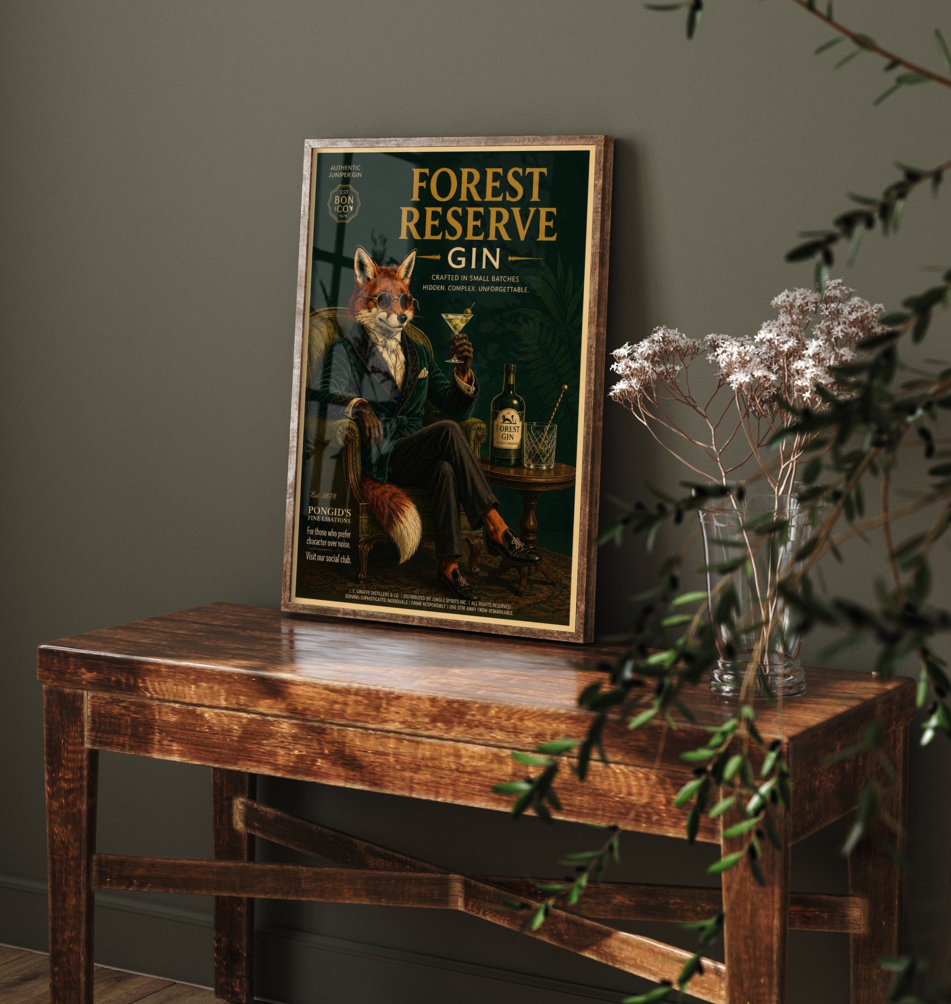 Fox Gin Advert Art Print - Vintage Forest Reserve Gin Poster - Home Bar Illustration 1/3
