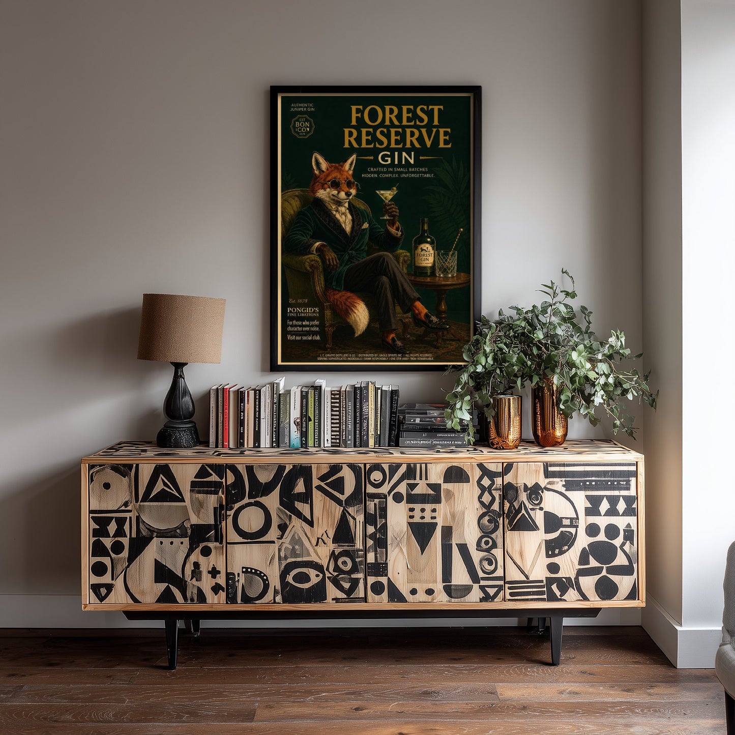 Fox Gin Advert Art Print - Vintage Forest Reserve Gin Poster - Home Bar Illustration 1/3