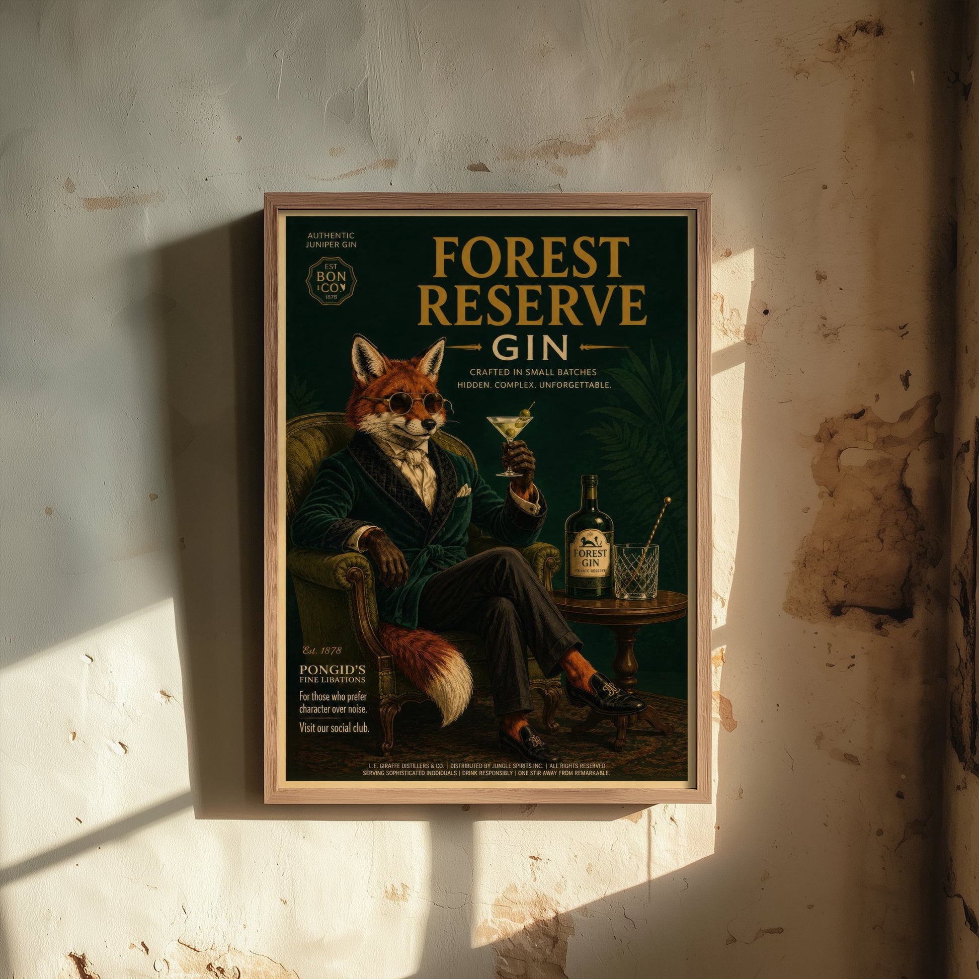 Fox Gin Advert Art Print - Vintage Forest Reserve Gin Poster - Home Bar Illustration 1/3