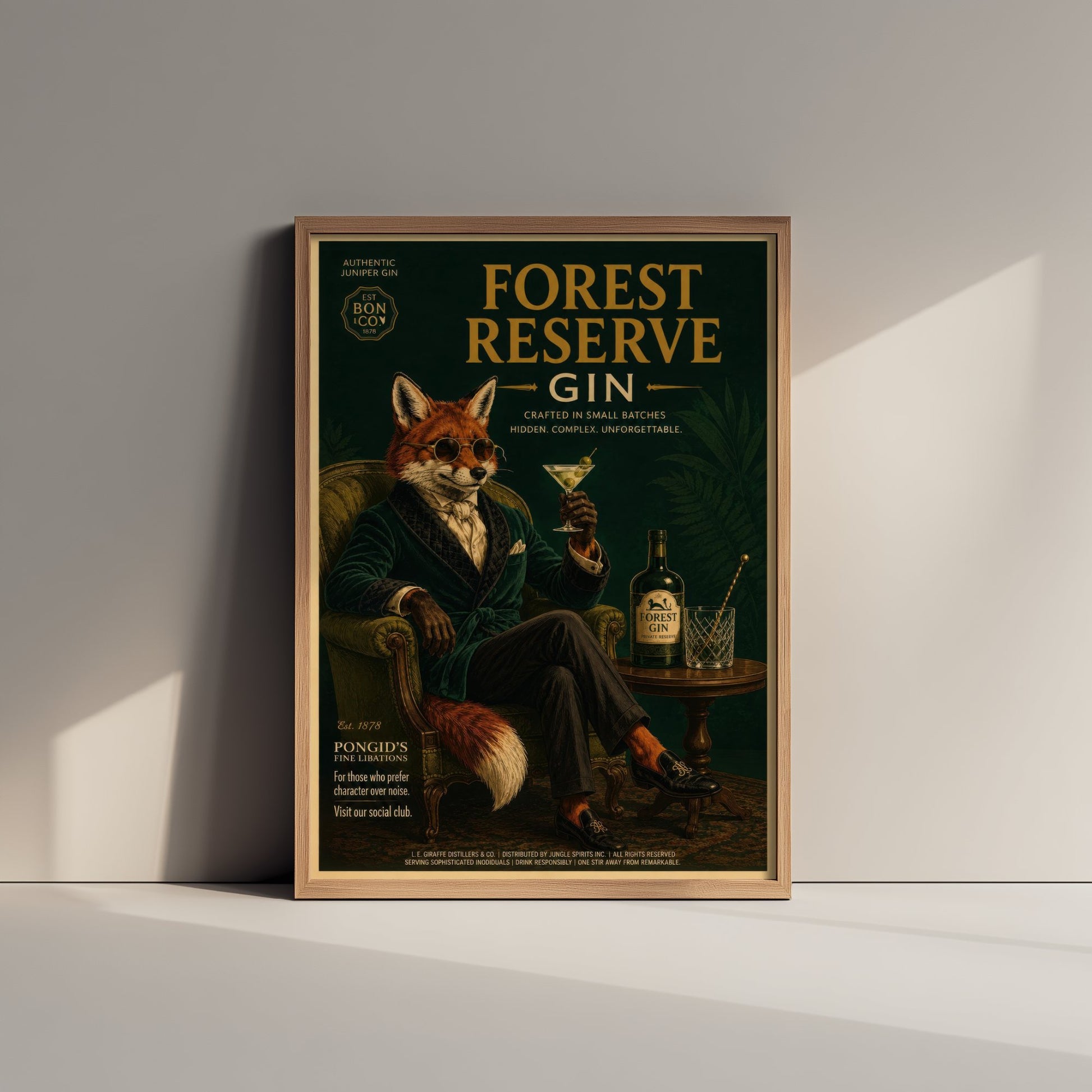 Fox Gin Advert Art Print - Vintage Forest Reserve Gin Poster - Home Bar Illustration 1/3
