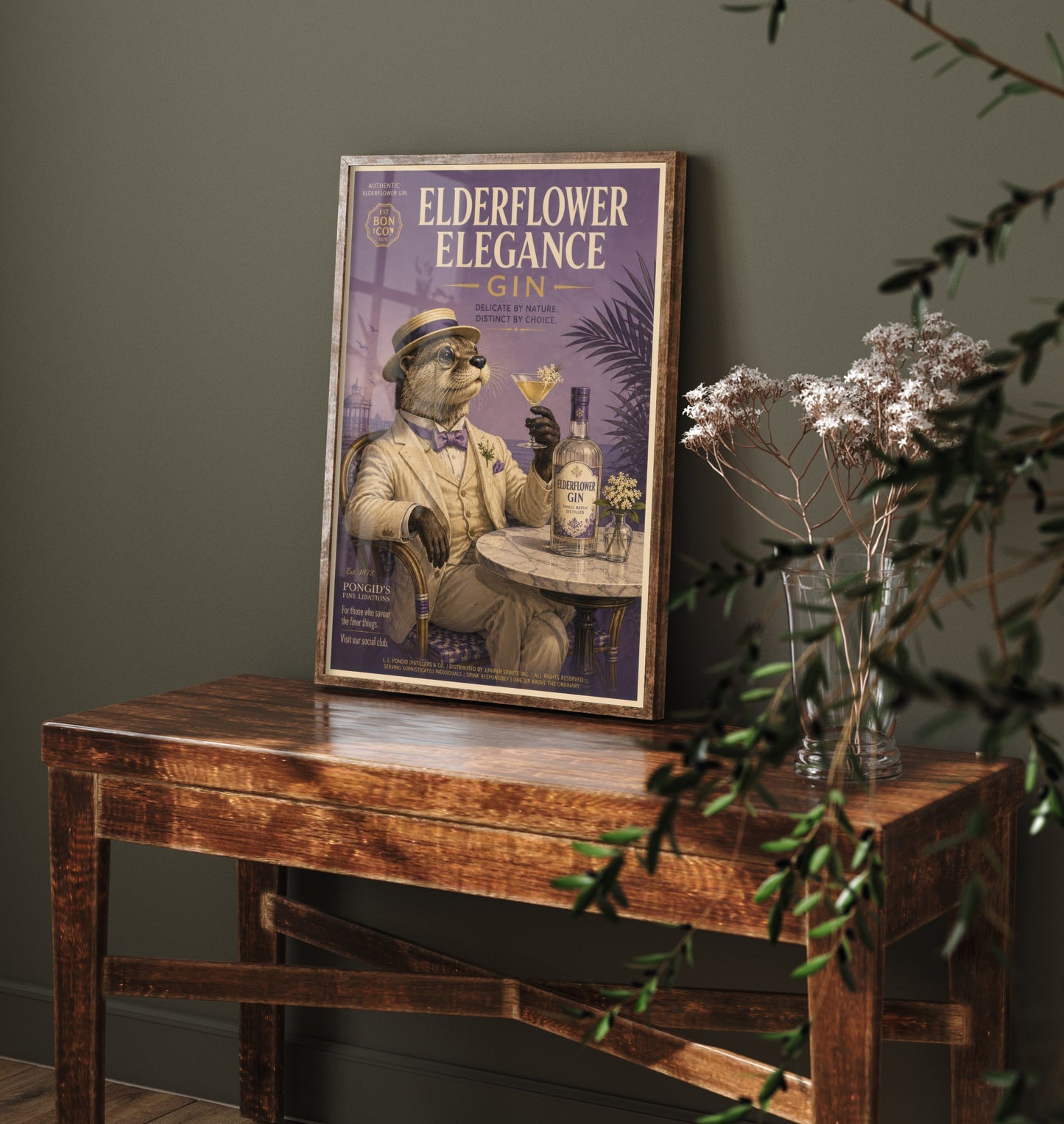 Otter Gin Advert Art Print - Vintage Elderflower Gin Poster - Home Bar Illustration 2/3