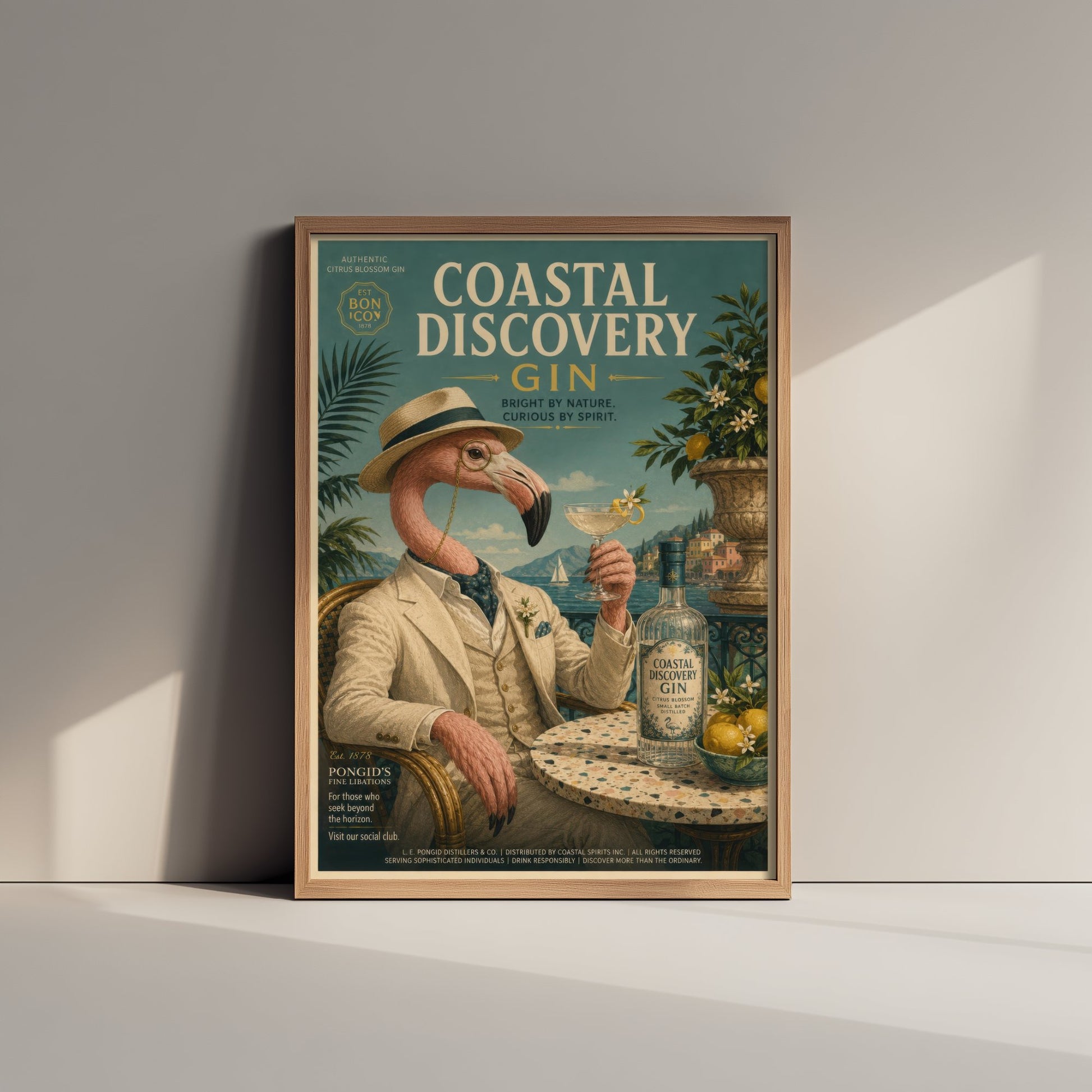 Flamingo Gin Advert Art Print - Vintage Coastal Discovery Gin Poster - Home Bar Illustration 3/3