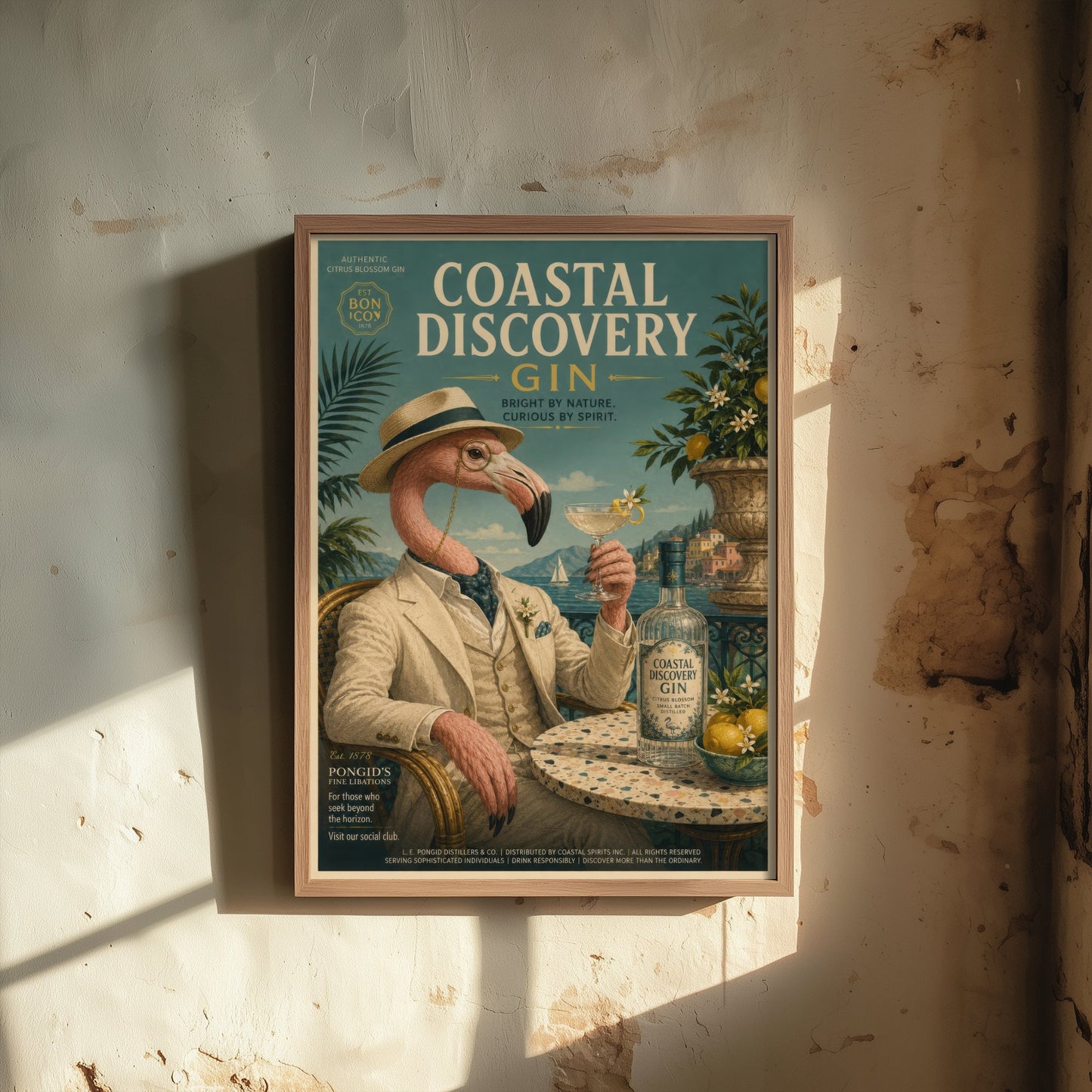 Flamingo Gin Advert Art Print - Vintage Coastal Discovery Gin Poster - Home Bar Illustration 3/3
