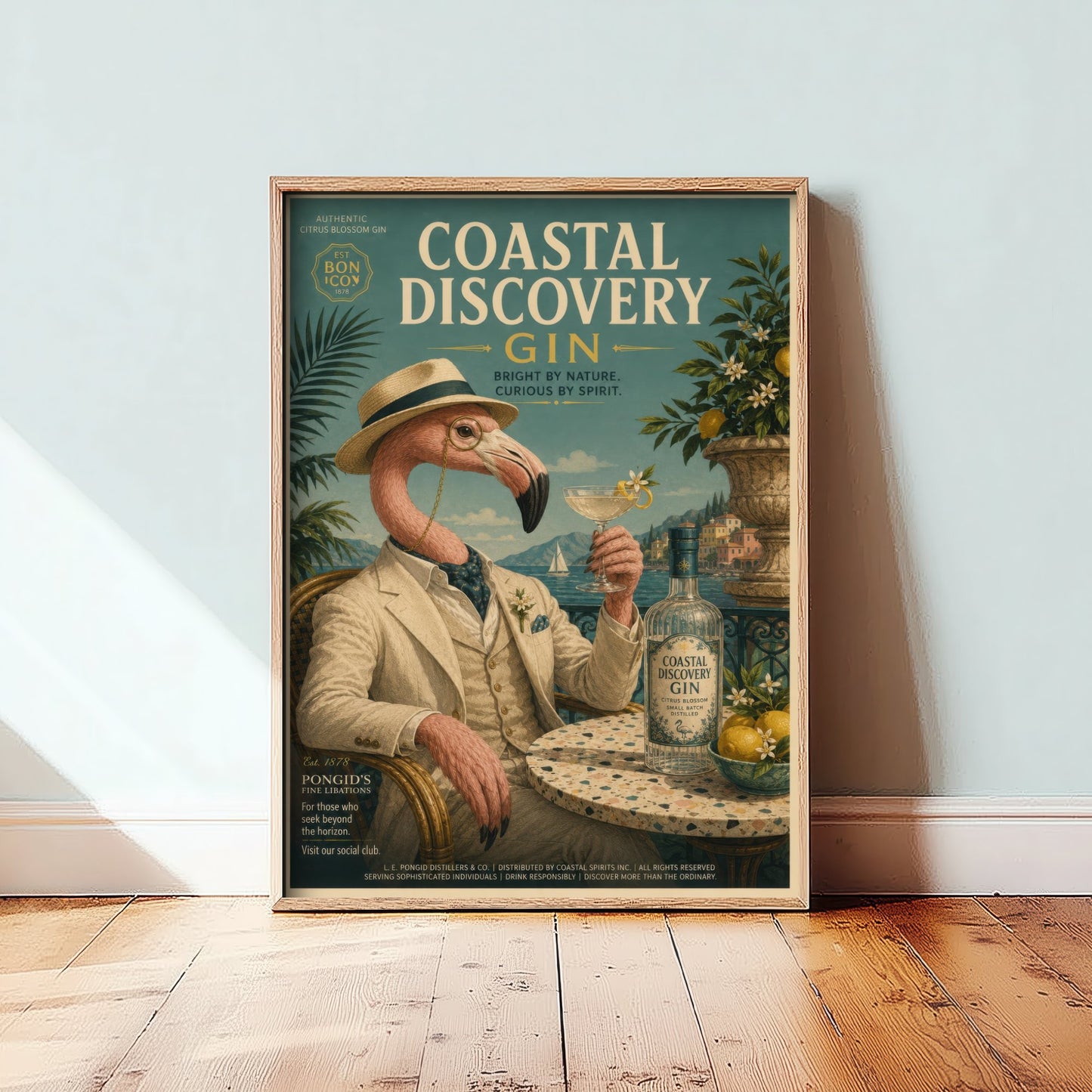 Flamingo Gin Advert Art Print - Vintage Coastal Discovery Gin Poster - Home Bar Illustration 3/3