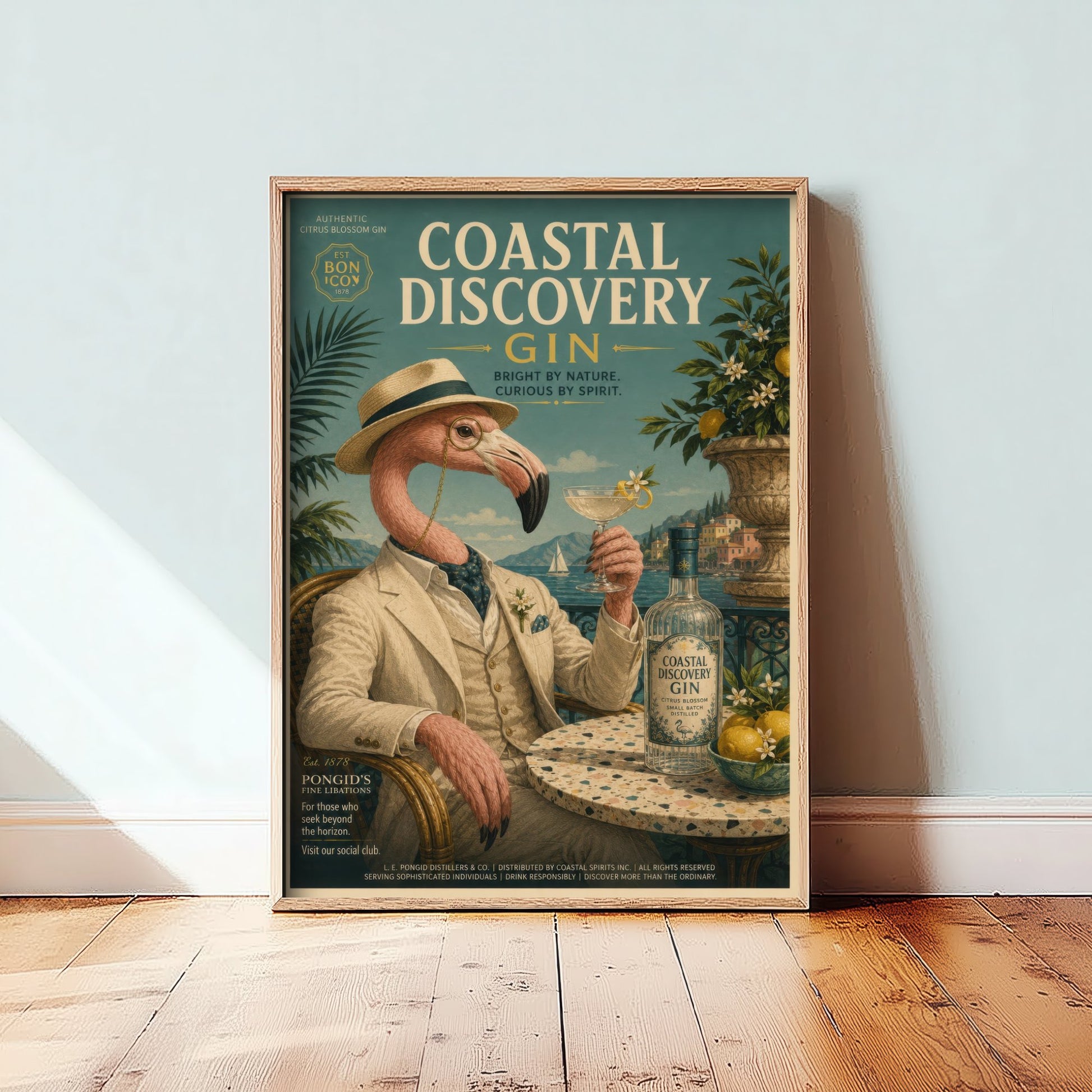 Flamingo Gin Advert Art Print - Vintage Coastal Discovery Gin Poster - Home Bar Illustration 3/3