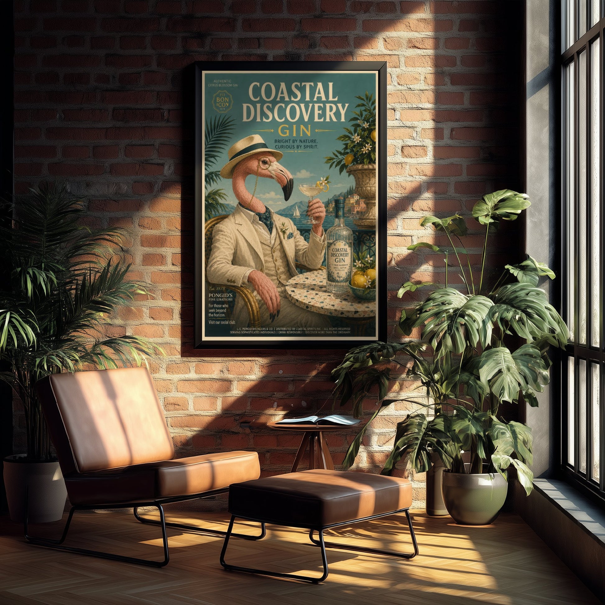 Flamingo Gin Advert Art Print - Vintage Coastal Discovery Gin Poster - Home Bar Illustration 3/3