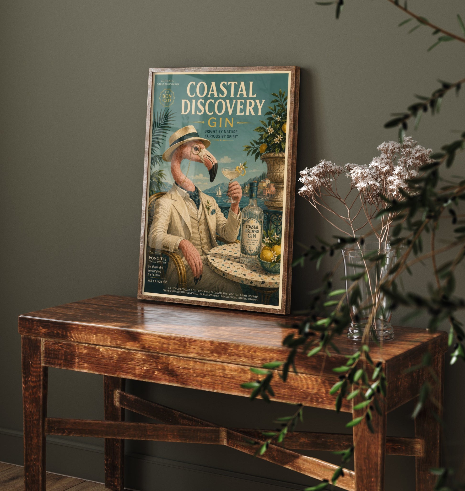 Flamingo Gin Advert Art Print - Vintage Coastal Discovery Gin Poster - Home Bar Illustration 3/3