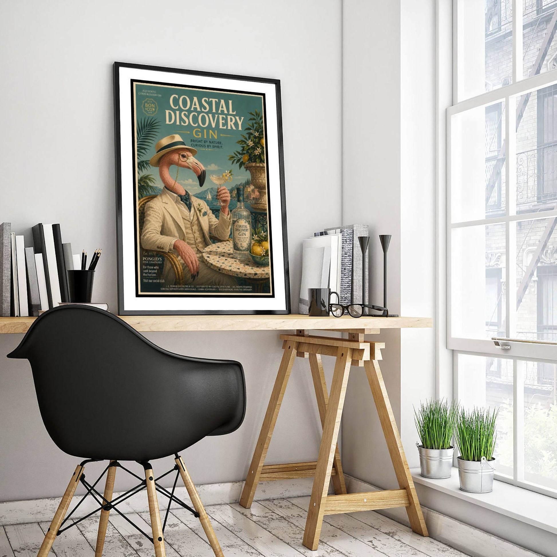 Flamingo Gin Advert Art Print - Vintage Coastal Discovery Gin Poster - Home Bar Illustration 3/3