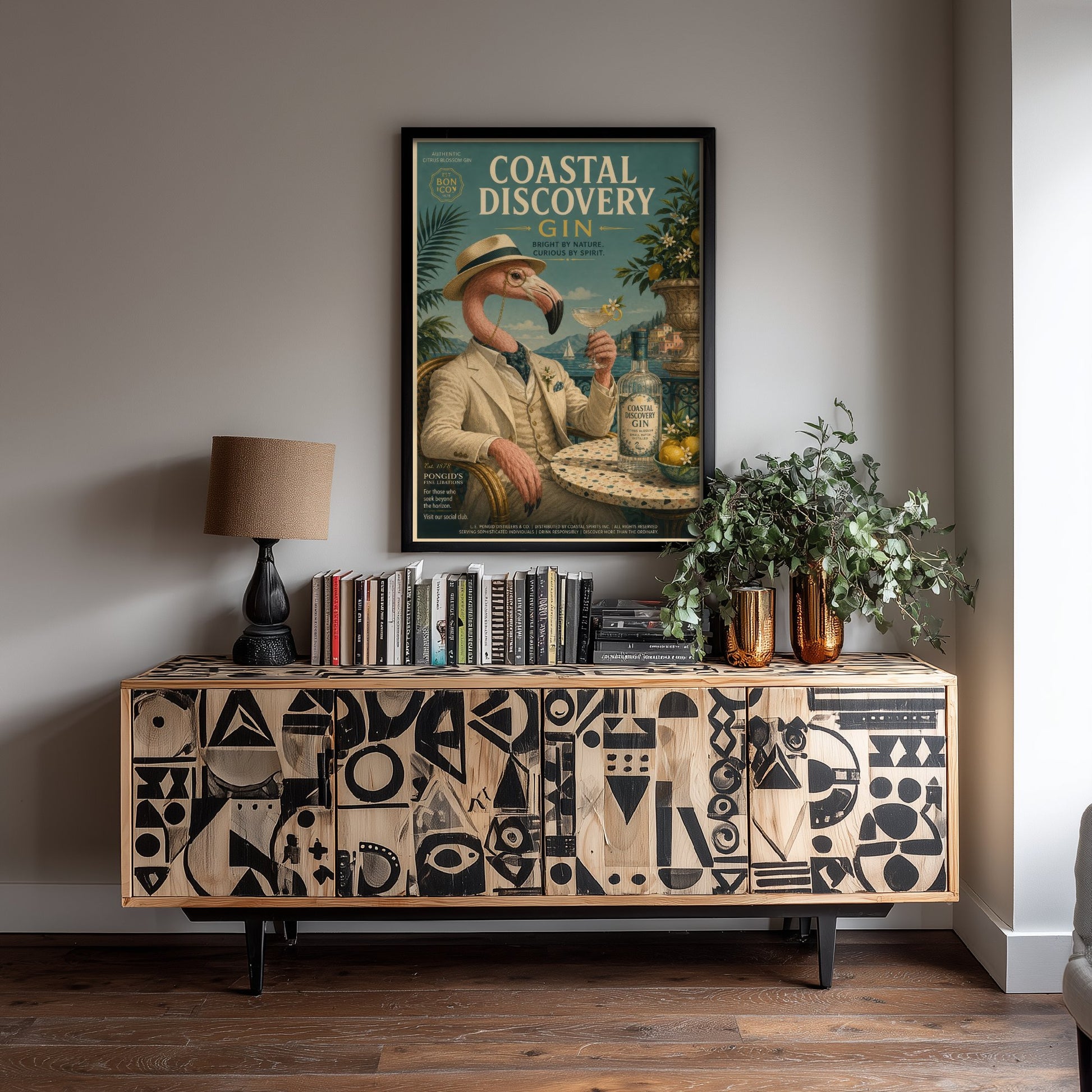 Flamingo Gin Advert Art Print - Vintage Coastal Discovery Gin Poster - Home Bar Illustration 3/3