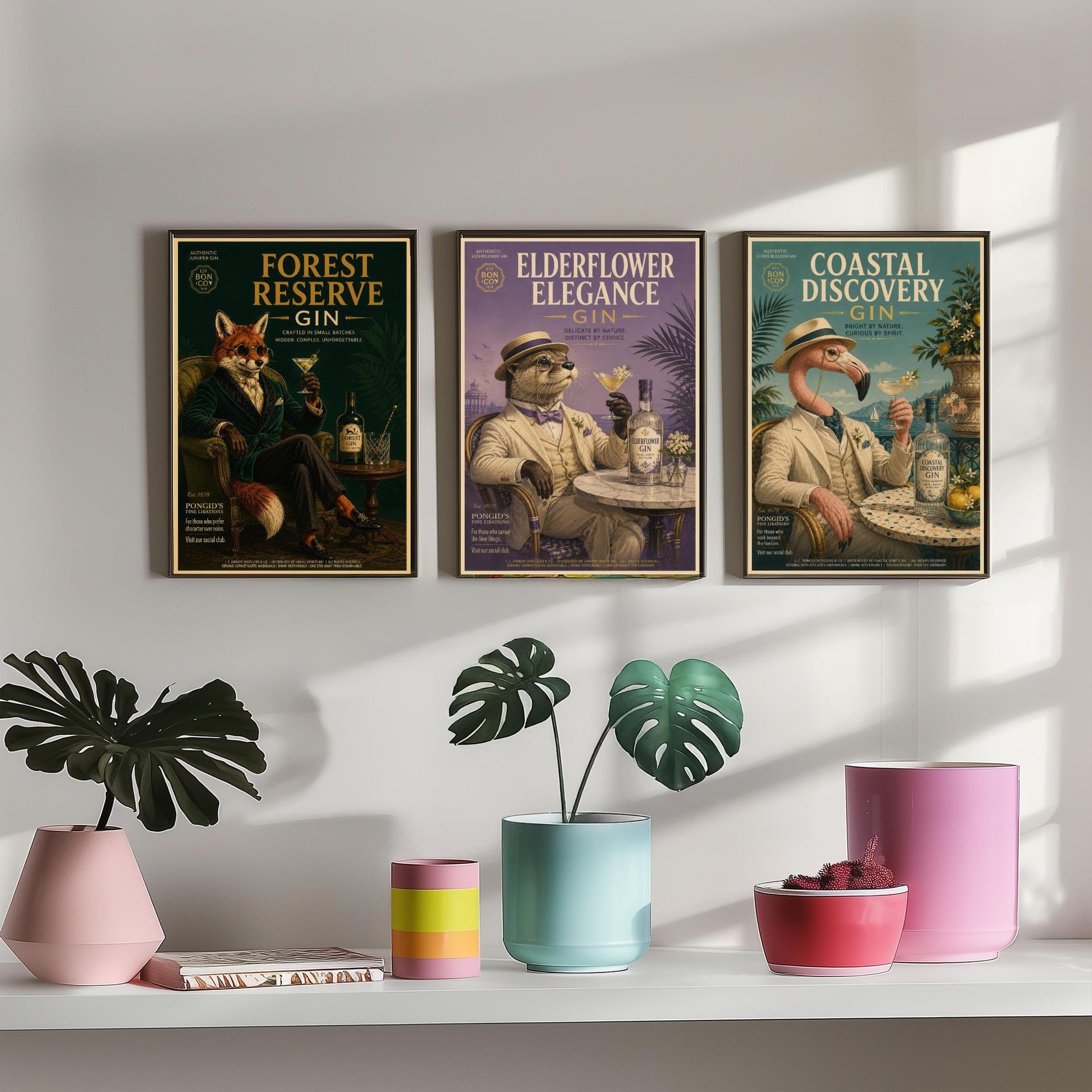 Vintage Gin Advert Set of Three Art Prints - Fox, Otter, Flamingo in Suits - 3 Animal Bar Posters - Home Bar Illustration Painting