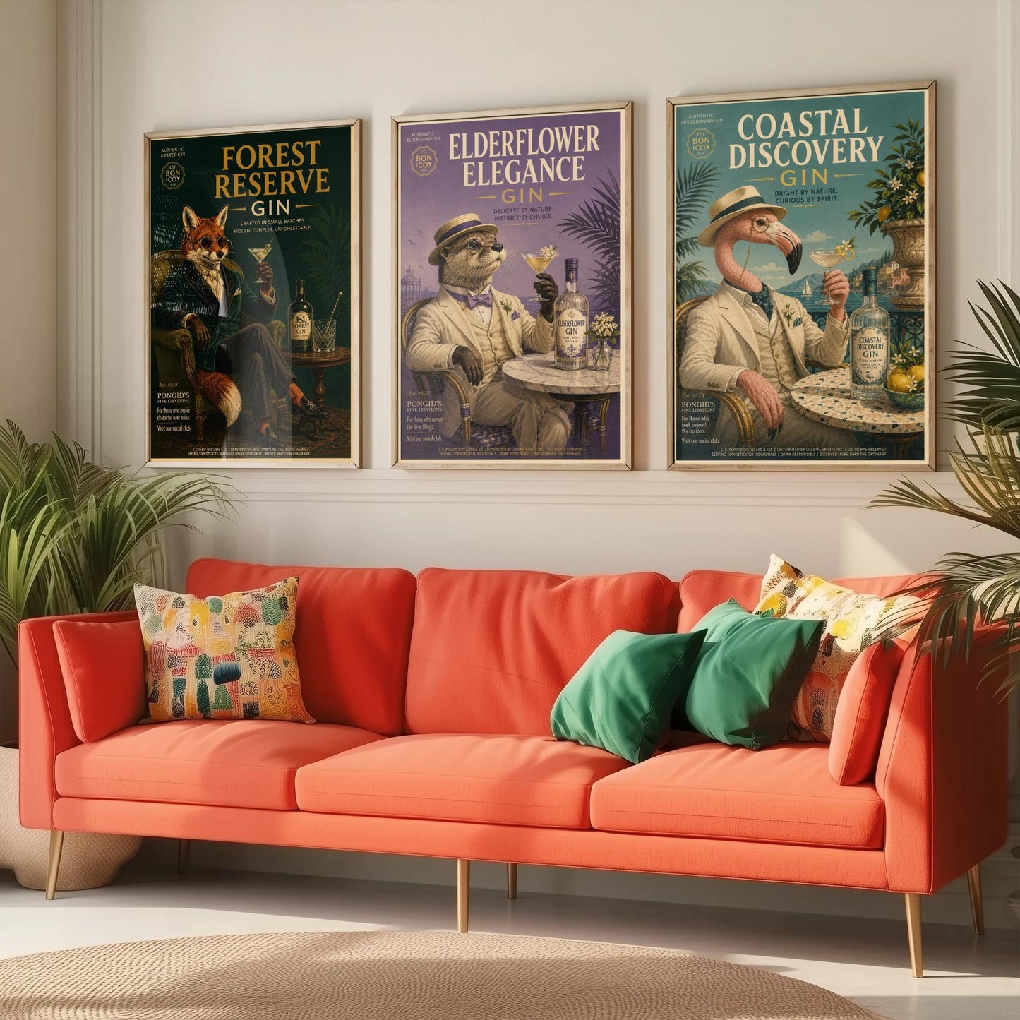 Vintage Gin Advert Set of Three Art Prints - Fox, Otter, Flamingo in Suits - 3 Animal Bar Posters - Home Bar Illustration Painting