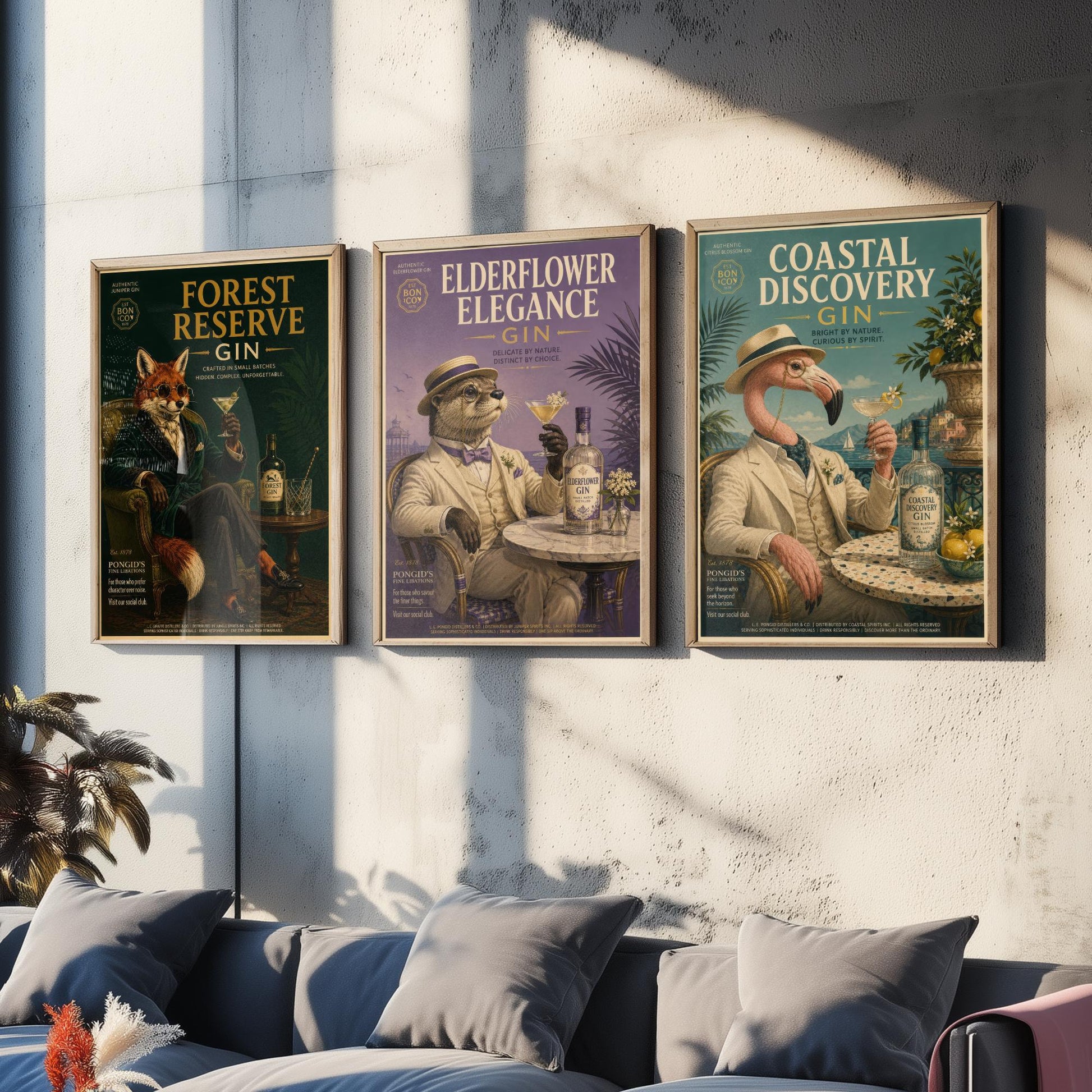 Vintage Gin Advert Set of Three Art Prints - Fox, Otter, Flamingo in Suits - 3 Animal Bar Posters - Home Bar Illustration Painting