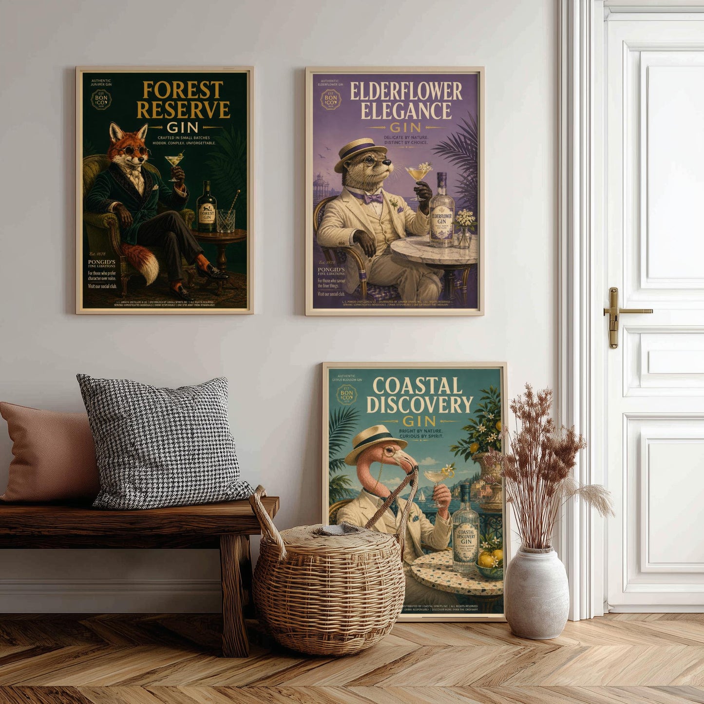 Vintage Gin Advert Set of Three Art Prints - Fox, Otter, Flamingo in Suits - 3 Animal Bar Posters - Home Bar Illustration Painting