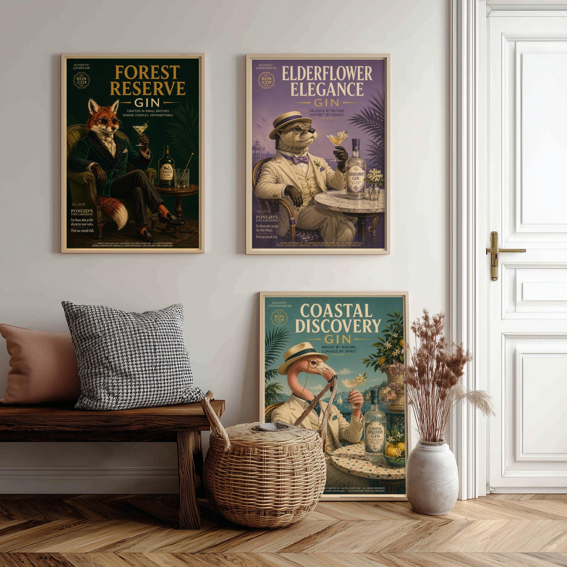 Vintage Gin Advert Set of Three Art Prints - Fox, Otter, Flamingo in Suits - 3 Animal Bar Posters - Home Bar Illustration Painting