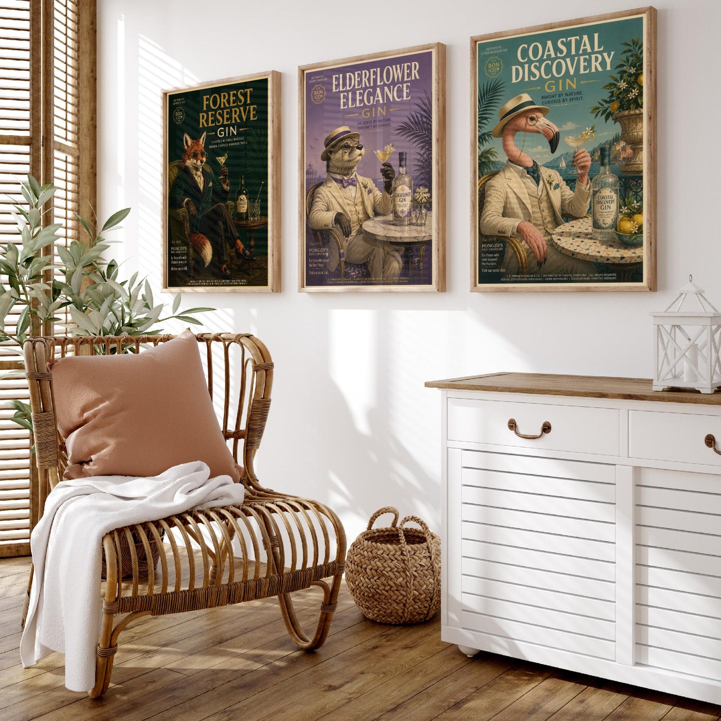 Vintage Gin Advert Set of Three Art Prints - Fox, Otter, Flamingo in Suits - 3 Animal Bar Posters - Home Bar Illustration Painting