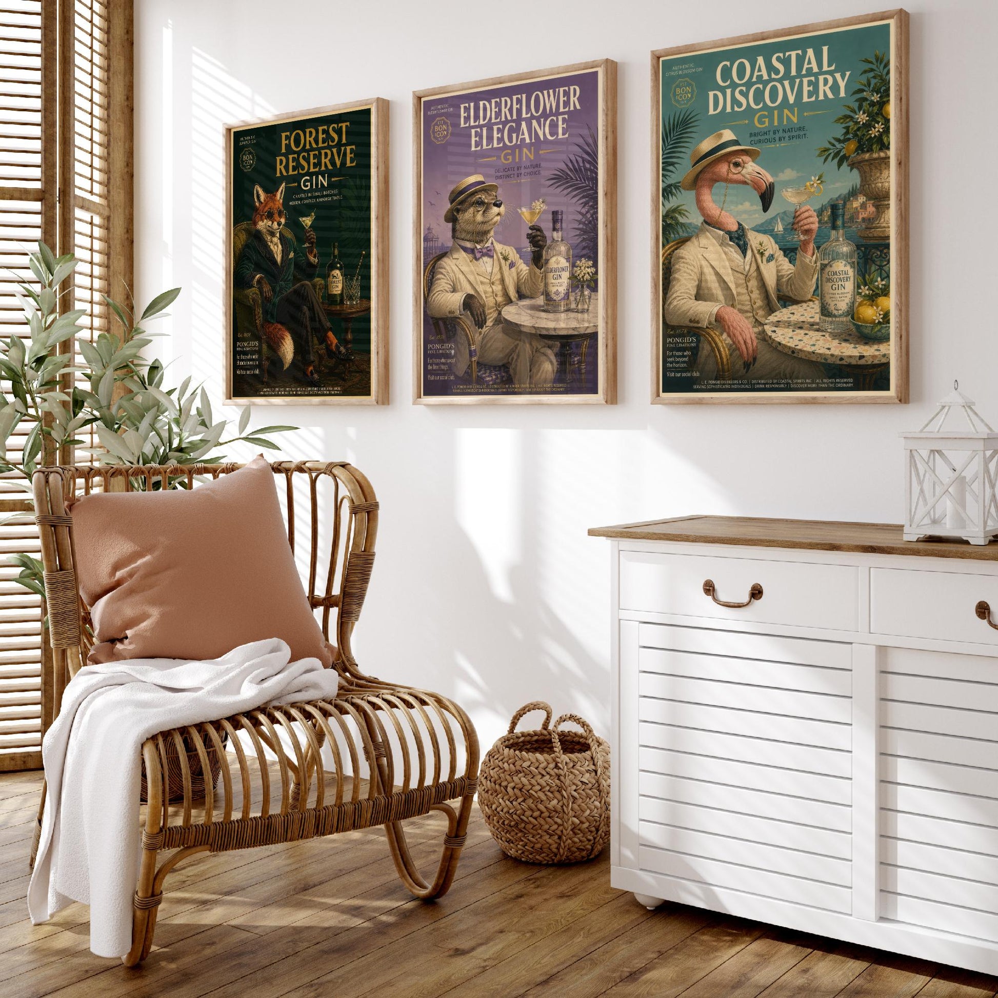 Vintage Gin Advert Set of Three Art Prints - Fox, Otter, Flamingo in Suits - 3 Animal Bar Posters - Home Bar Illustration Painting