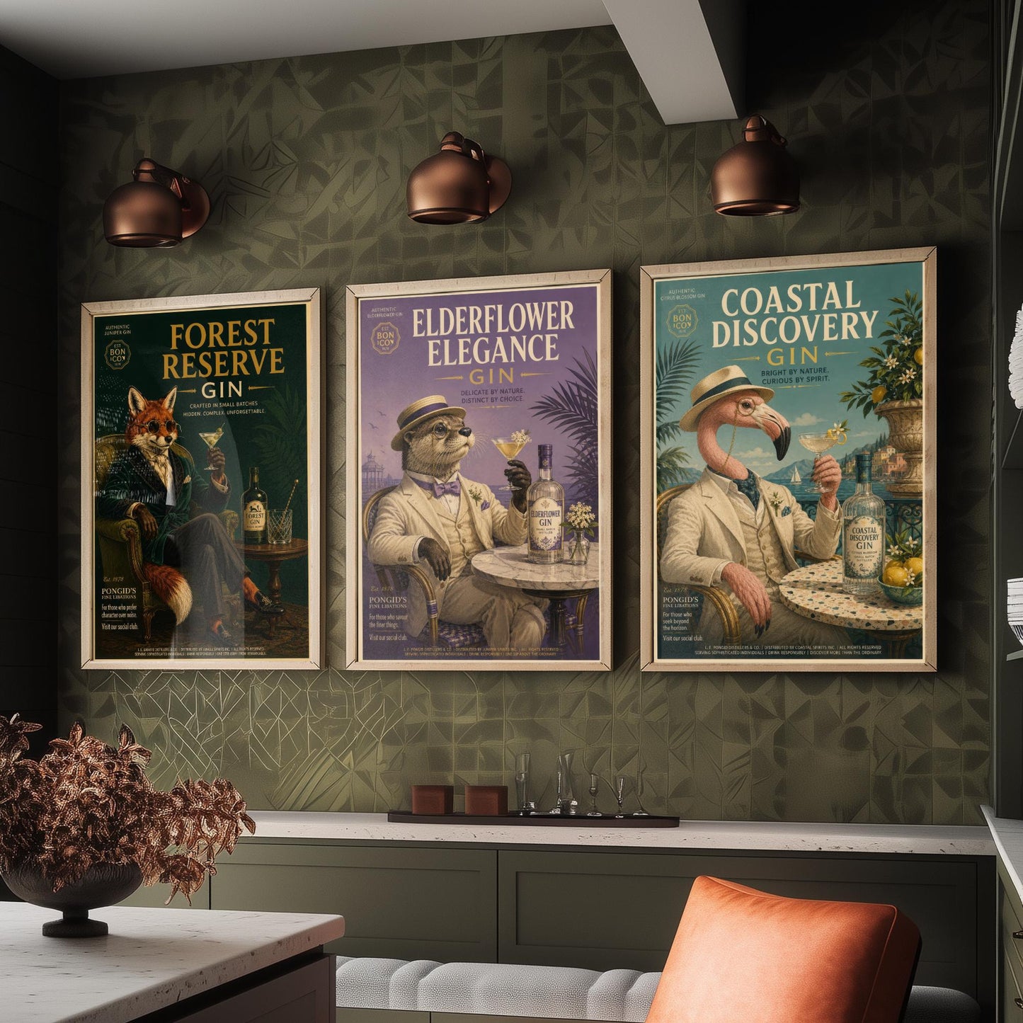 Vintage Gin Advert Set of Three Art Prints - Fox, Otter, Flamingo in Suits - 3 Animal Bar Posters - Home Bar Illustration Painting