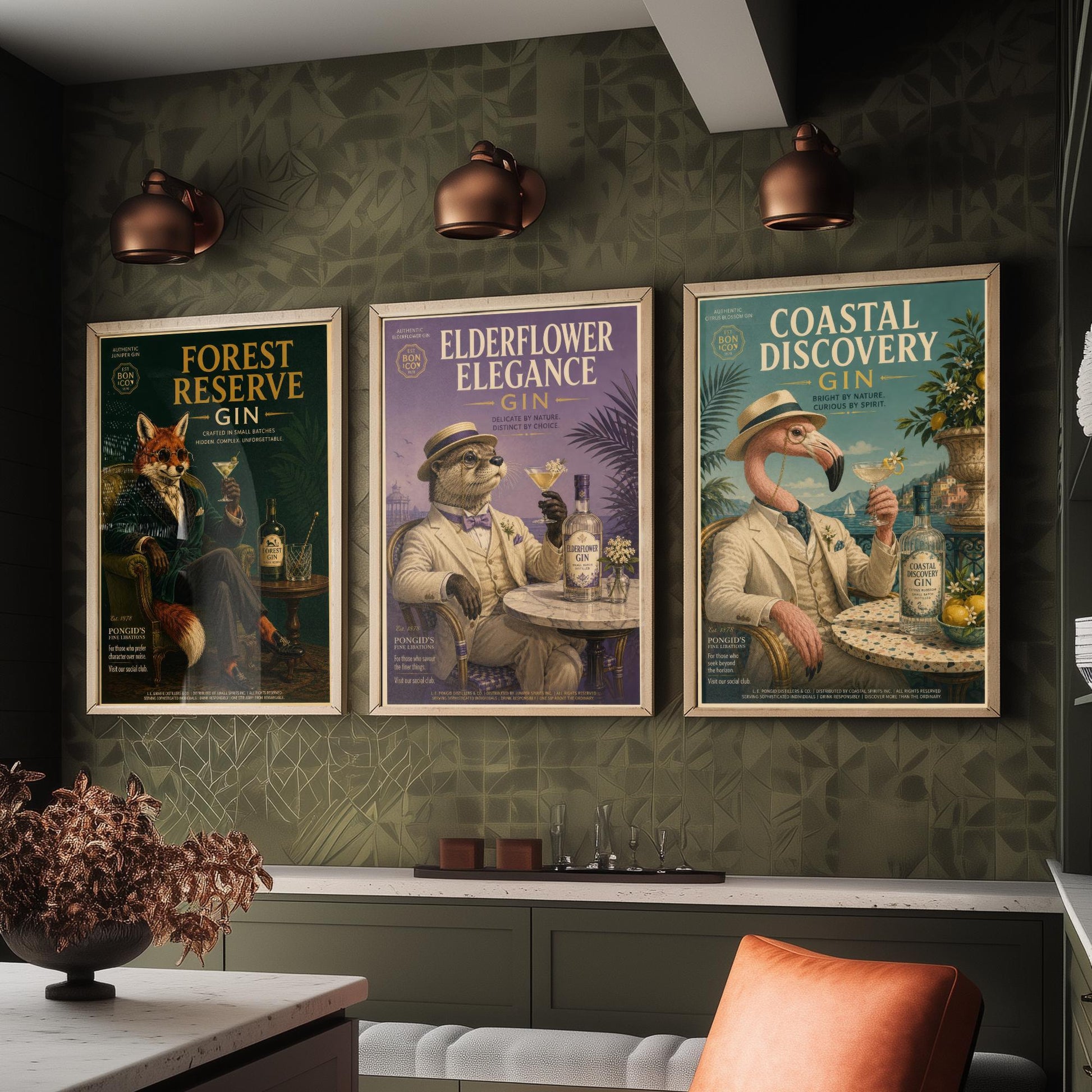 Vintage Gin Advert Set of Three Art Prints - Fox, Otter, Flamingo in Suits - 3 Animal Bar Posters - Home Bar Illustration Painting