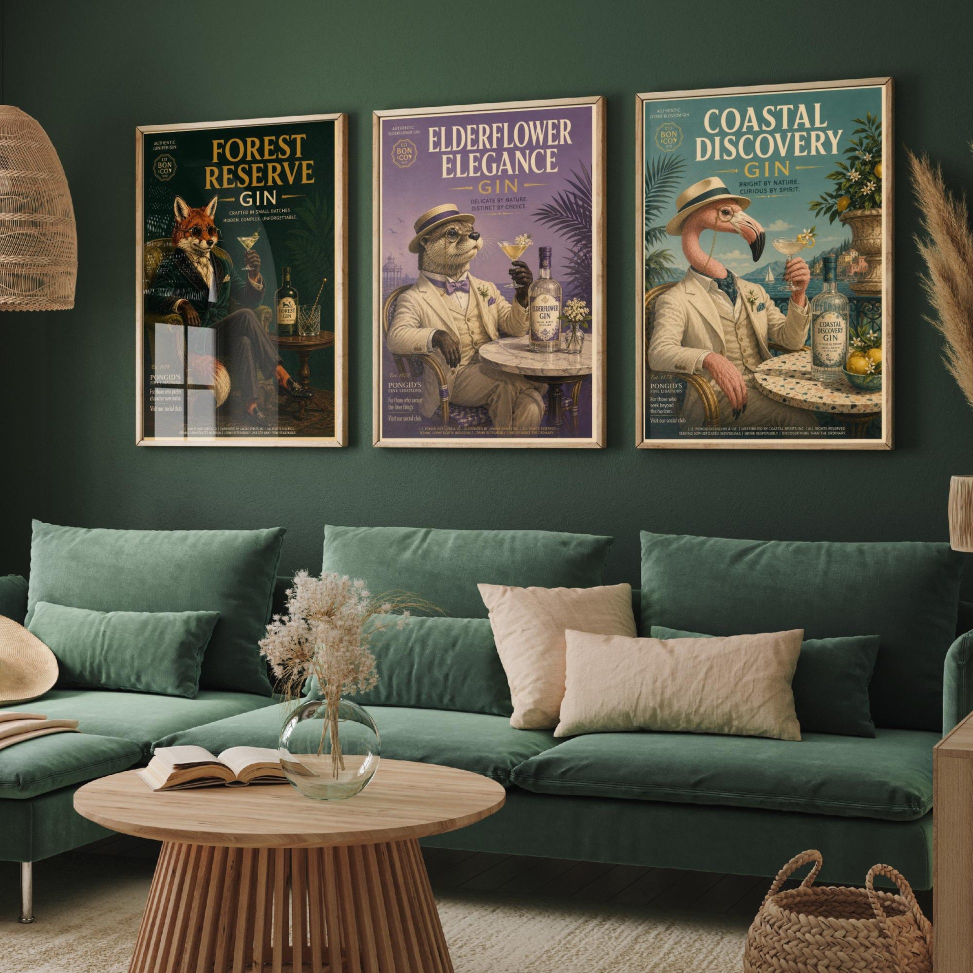 Vintage Gin Advert Set of Three Art Prints - Fox, Otter, Flamingo in Suits - 3 Animal Bar Posters - Home Bar Illustration Painting