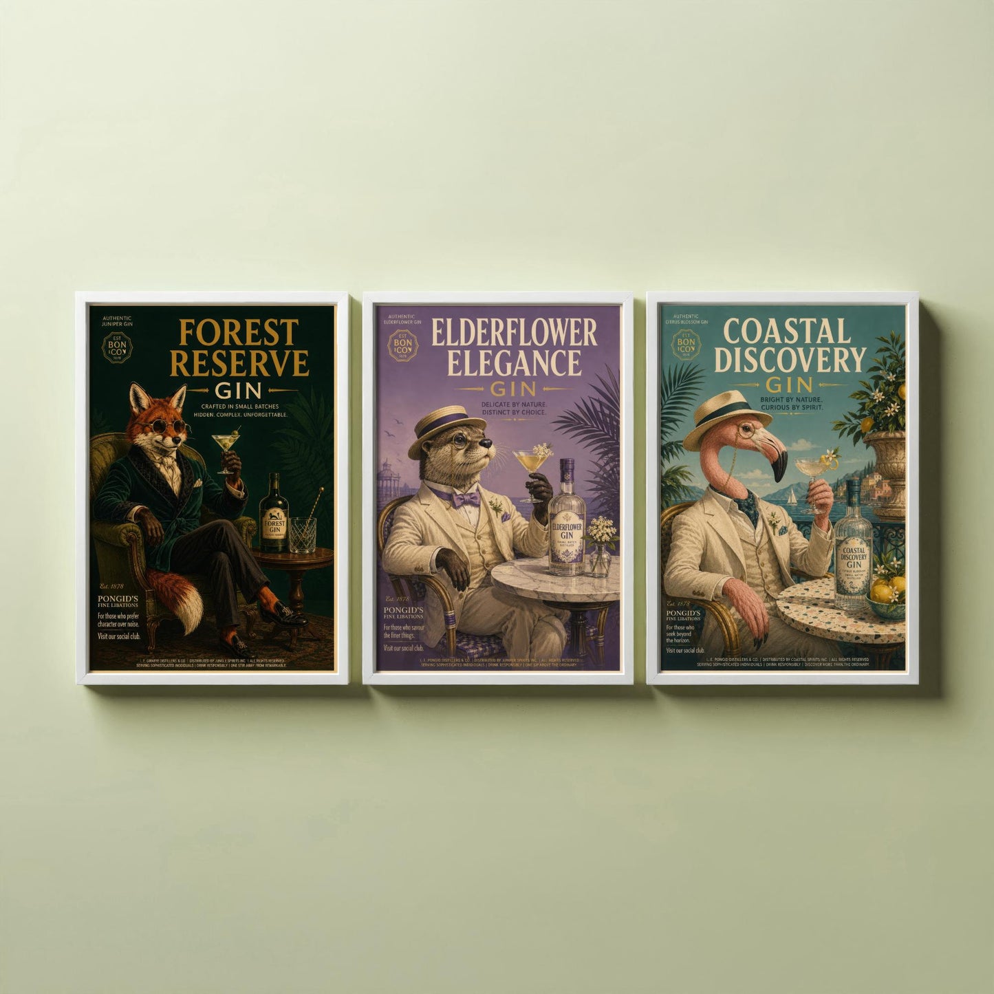 Vintage Gin Advert Set of Three Art Prints - Fox, Otter, Flamingo in Suits - 3 Animal Bar Posters - Home Bar Illustration Painting