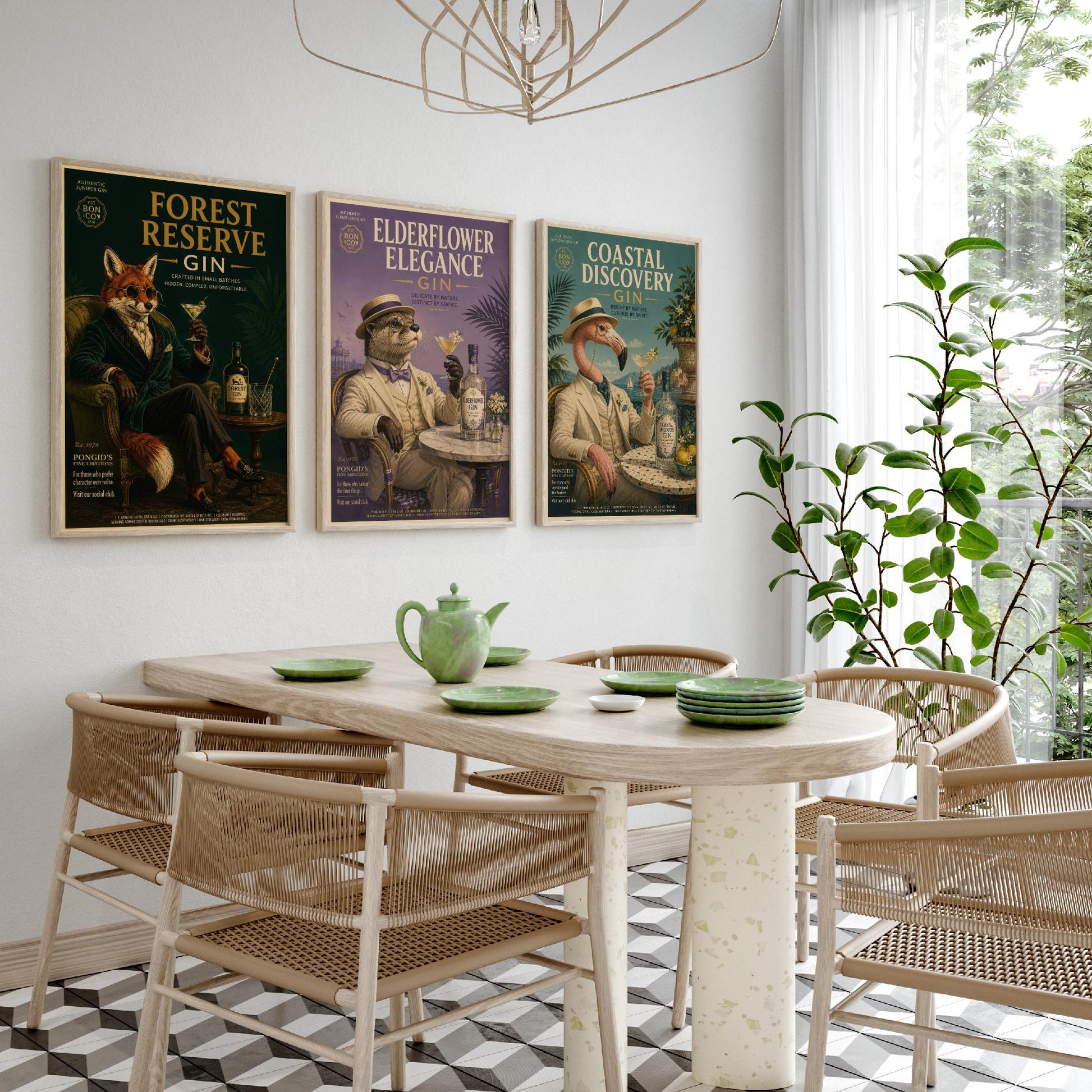Vintage Gin Advert Set of Three Art Prints - Fox, Otter, Flamingo in Suits - 3 Animal Bar Posters - Home Bar Illustration Painting