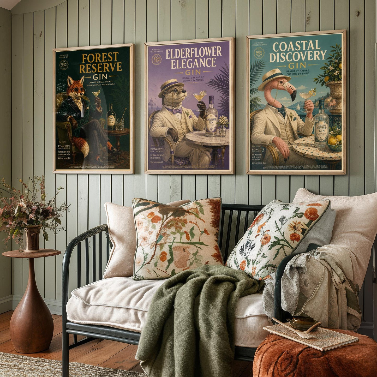 Vintage Gin Advert Set of Three Art Prints - Fox, Otter, Flamingo in Suits - 3 Animal Bar Posters - Home Bar Illustration Painting