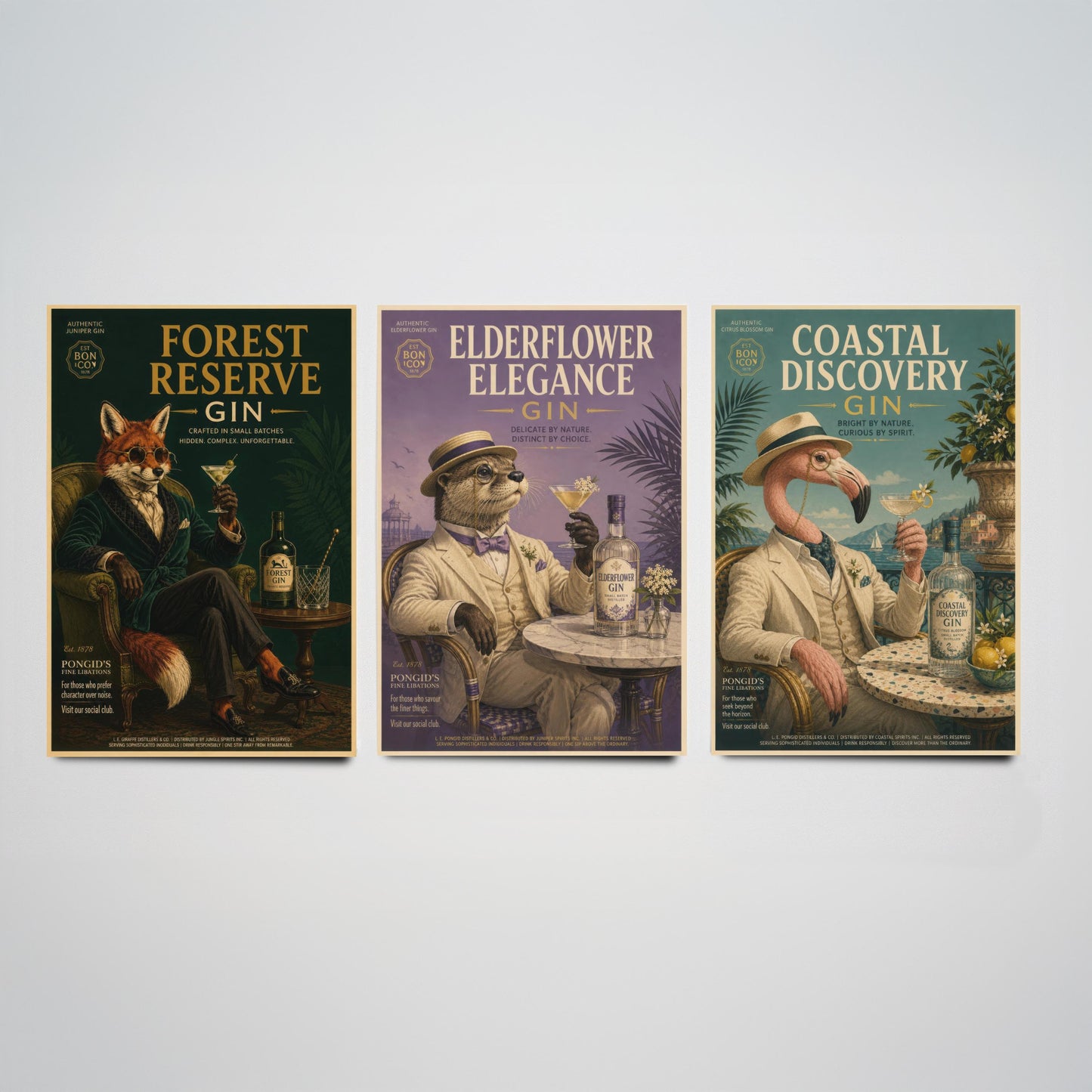 Vintage Gin Advert Set of Three Art Prints - Fox, Otter, Flamingo in Suits - 3 Animal Bar Posters - Home Bar Illustration Painting