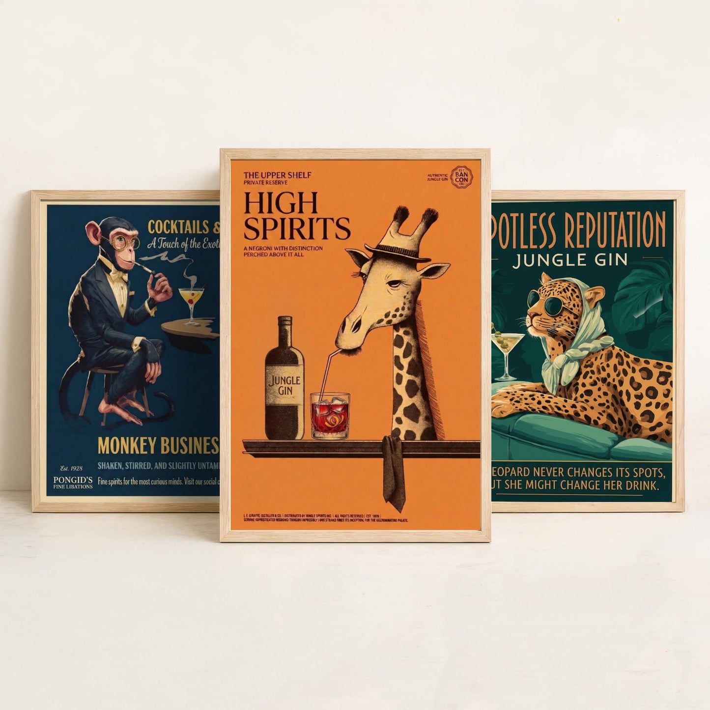 Vintage Cocktail Advert Set of Three Art Prints - Monkey, Leopard, Giraffe Bar Posters - Retro Gin Illustration Painting