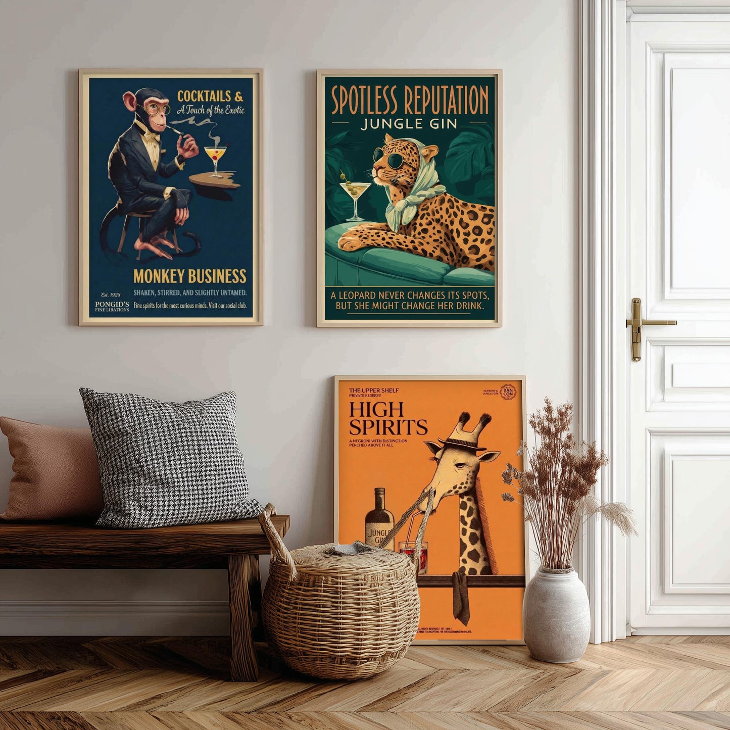 Vintage Cocktail Advert Set of Three Art Prints - Monkey, Leopard, Giraffe Bar Posters - Retro Gin Illustration Painting