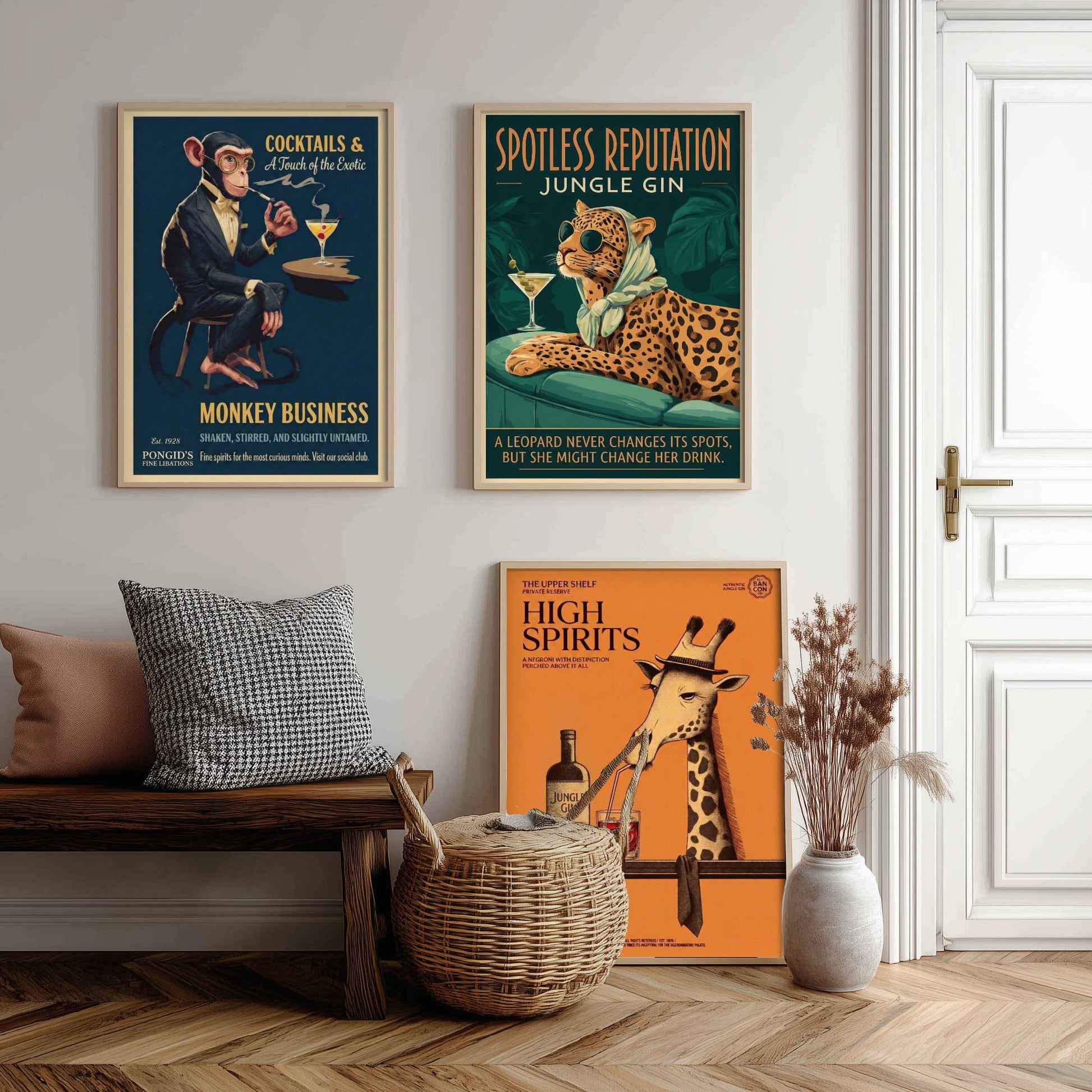 Vintage Cocktail Advert Set of Three Art Prints - Monkey, Leopard, Giraffe Bar Posters - Retro Gin Illustration Painting
