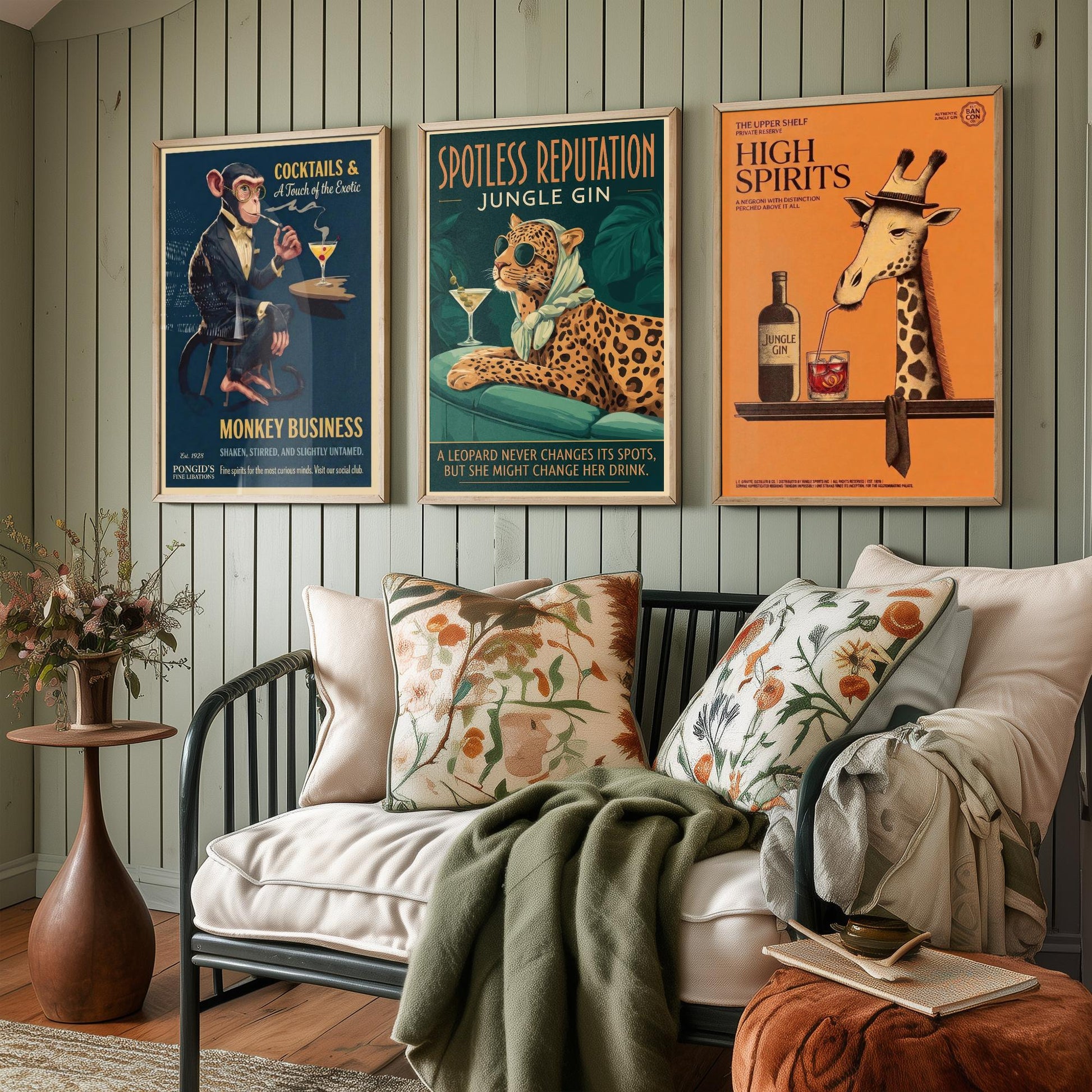 Vintage Cocktail Advert Set of Three Art Prints - Monkey, Leopard, Giraffe Bar Posters - Retro Gin Illustration Painting