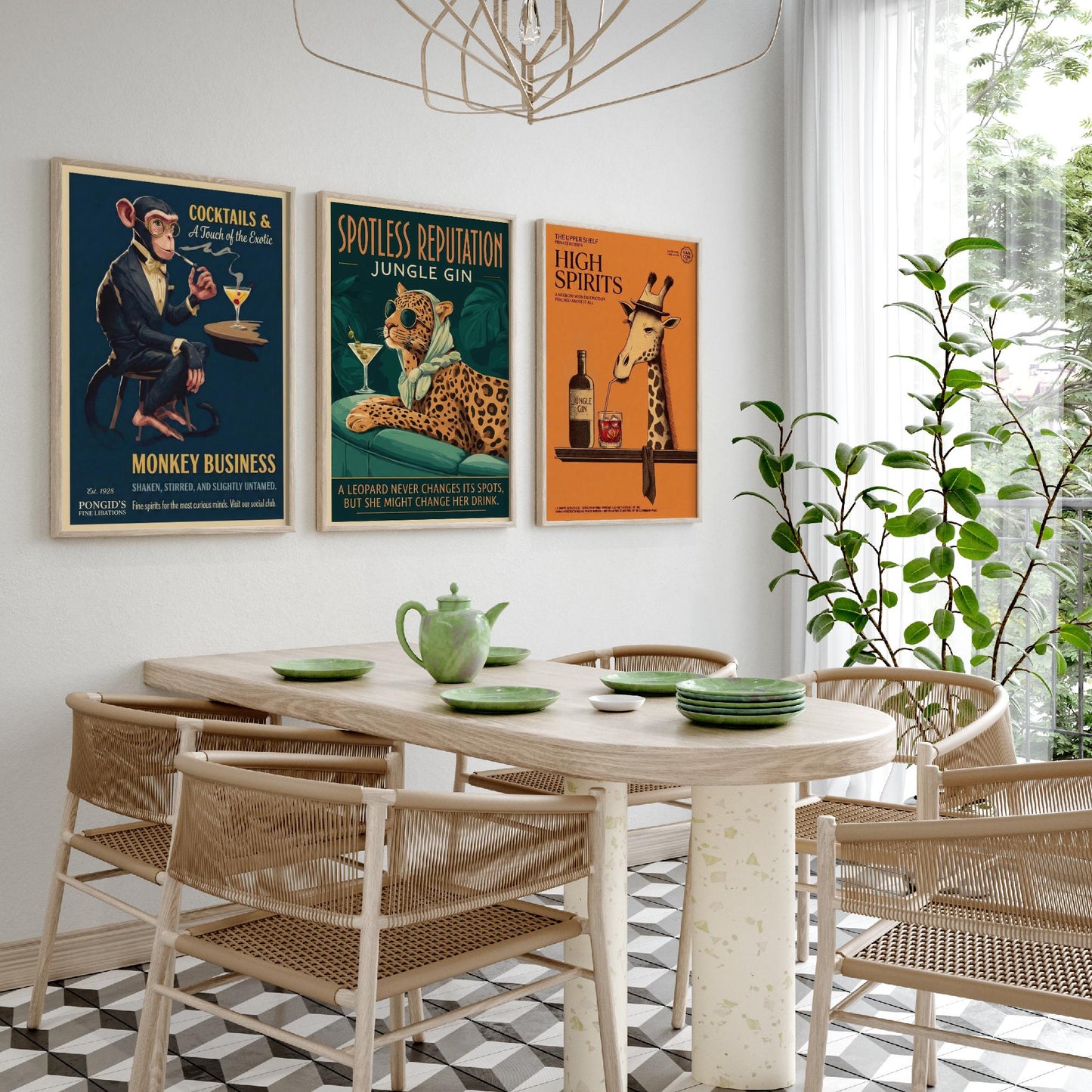 Vintage Cocktail Advert Set of Three Art Prints - Monkey, Leopard, Giraffe Bar Posters - Retro Gin Illustration Painting