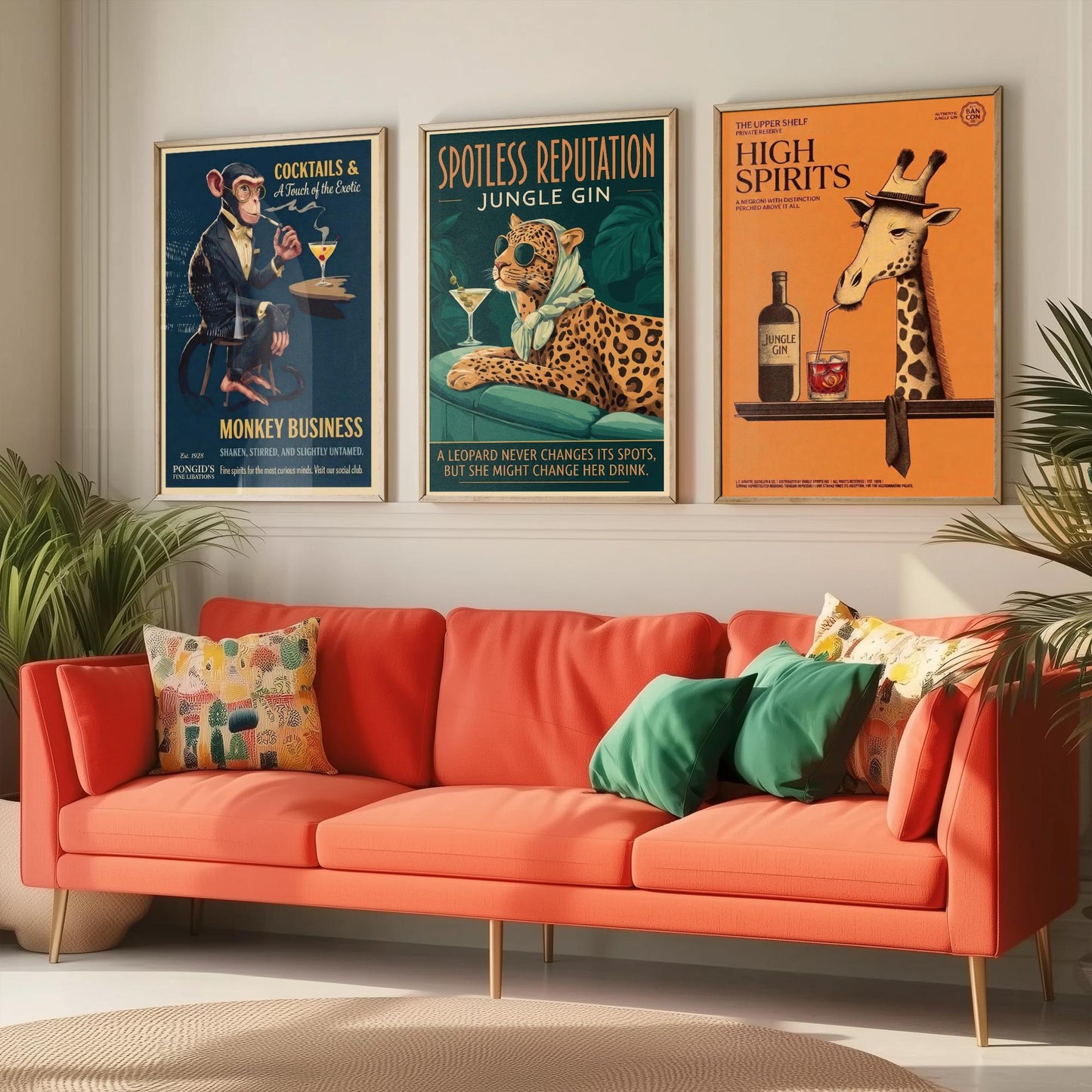 Vintage Cocktail Advert Set of Three Art Prints - Monkey, Leopard, Giraffe Bar Posters - Retro Gin Illustration Painting